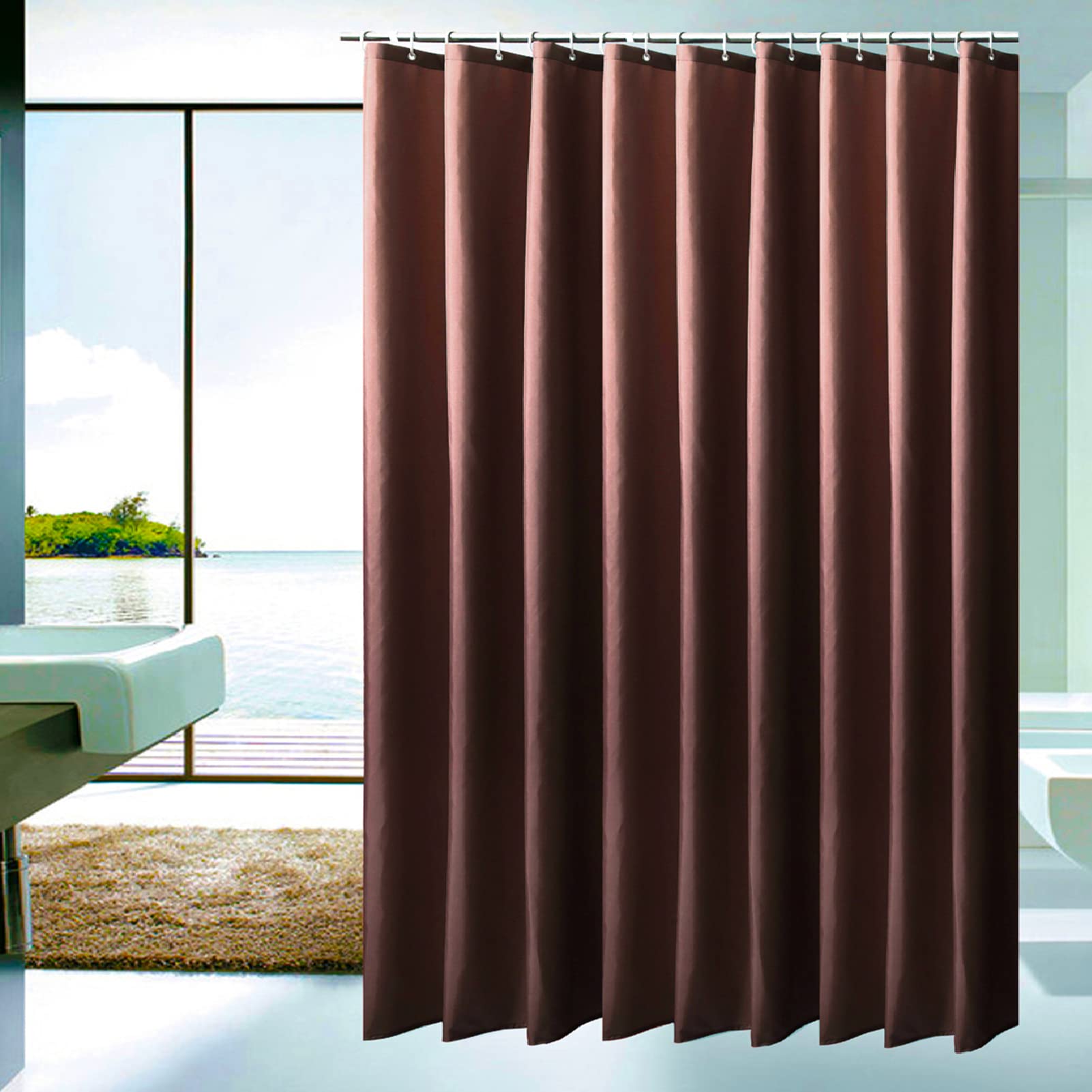 DEARARTBath Cortina de Ducha marrón para el baño, 180cm (L) × 200cm (W) Tela Cortina de Ducha Conjunto con Grommet y Ganchos, Resistente al Agua Impermeable fácil Cuidado máquina Lavable fácil Claro