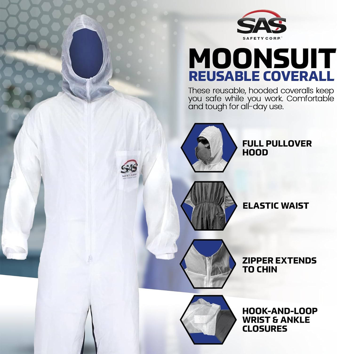 SAS Safety 6938 Moon suit Nylon Cotton Coverall, Large, White - Image 2