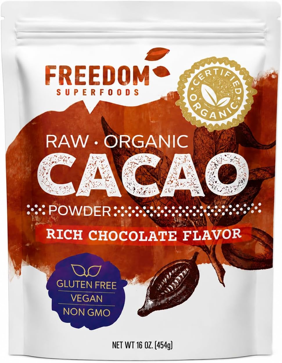 Freedom Superfoods Organic Raw Cacao Powder, Unsweetened Non-Alkalized Cocoa Powder, Single-Origin Dominican Republic Trinitario, Rich Dark Chocolate Flavor, 1 lb (16 oz)