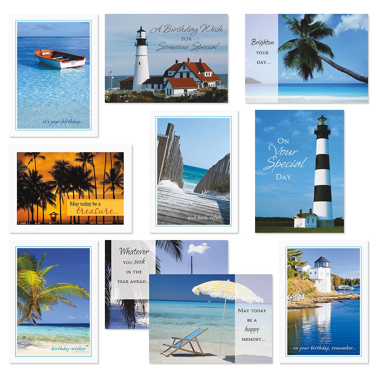 Current Waterside Happy Birthday Greeting Card Set - Value Pack of 20 Cards With White Envelopes, 10 Designs, Large 5" x 7" Assortment