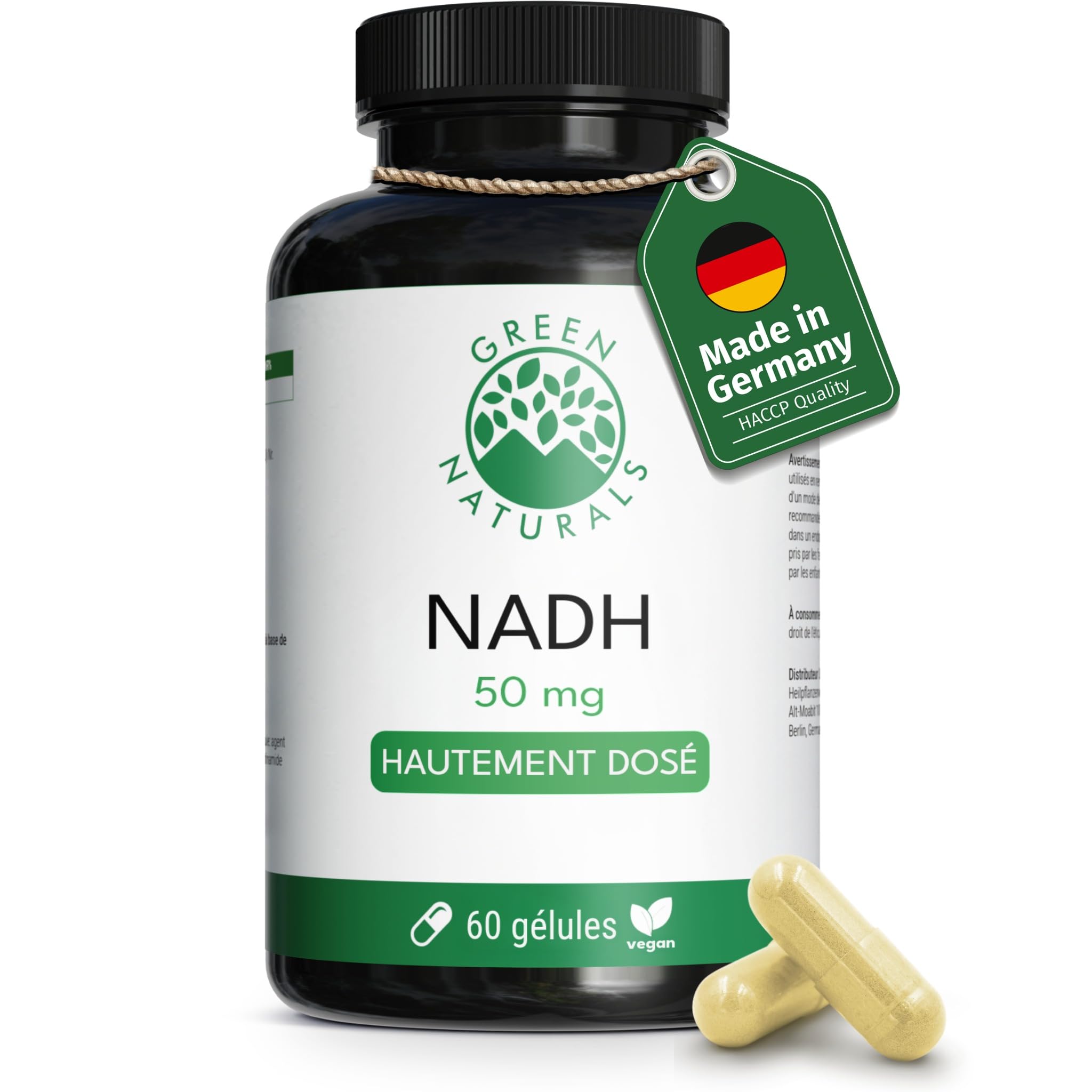 Green Naturals® NADH 50mg - 60 Capsules - De fabrication allemande - 100% Végétalien & Sans Additifs - Réserve pour 2 mois