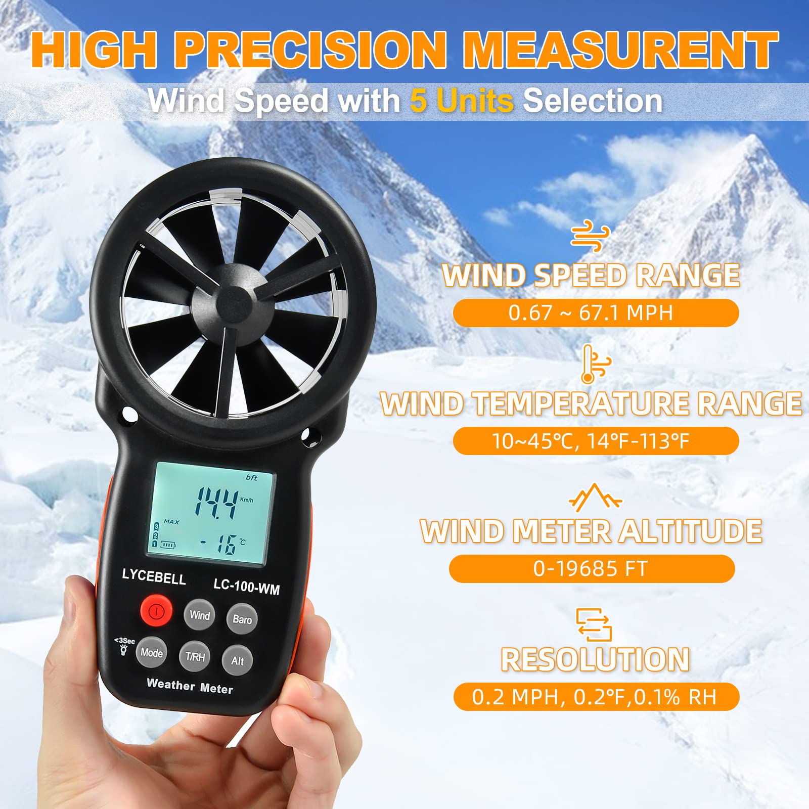 Digital Windmesser, LC-100-WM Handheld Anemometer zur Messung von Windgeschwindigkeit Temperatur Feuchtigkeit Altitude Luftdruck, Windmessgerät für HAVC Windsurfen Segeln Drohne