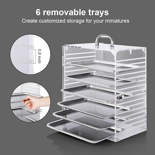 Miniatura 5 de Estuche de almacenamiento en miniatura de acrílico transparente, estuche de transporte en miniatura con 6 bandejas magnéticas de metal, vitrina en