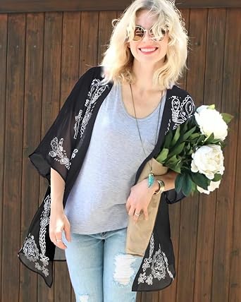 CHICGAL Womens Floral Kimono Cardigan Beach Cover Up Casual Summer Tops | 2026 Puff Sleeve Open Front Chiffon Outfit,Hawaiian Shirt,Beach Vacation Swimwear, Plus Top,Boho ladies Blouse,Cruise Resort