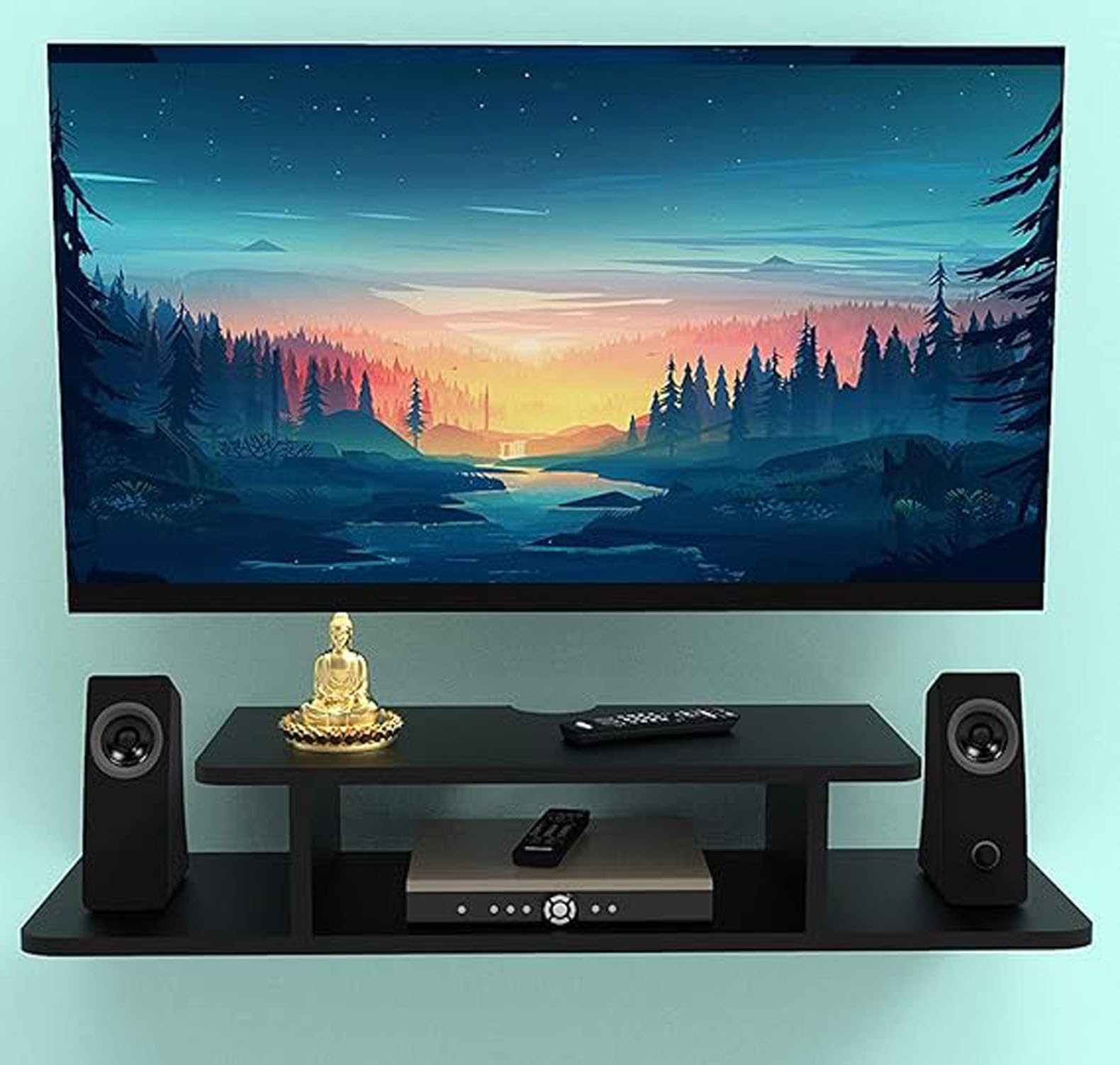 ANYBAR Wooden Floating TV Entertainment Unit - Wall Mounted Stand for Set Top Box, Wall Hanging Storage Shelf, Cabinet, Rack for Home, Bedroom, Living Room (Black)