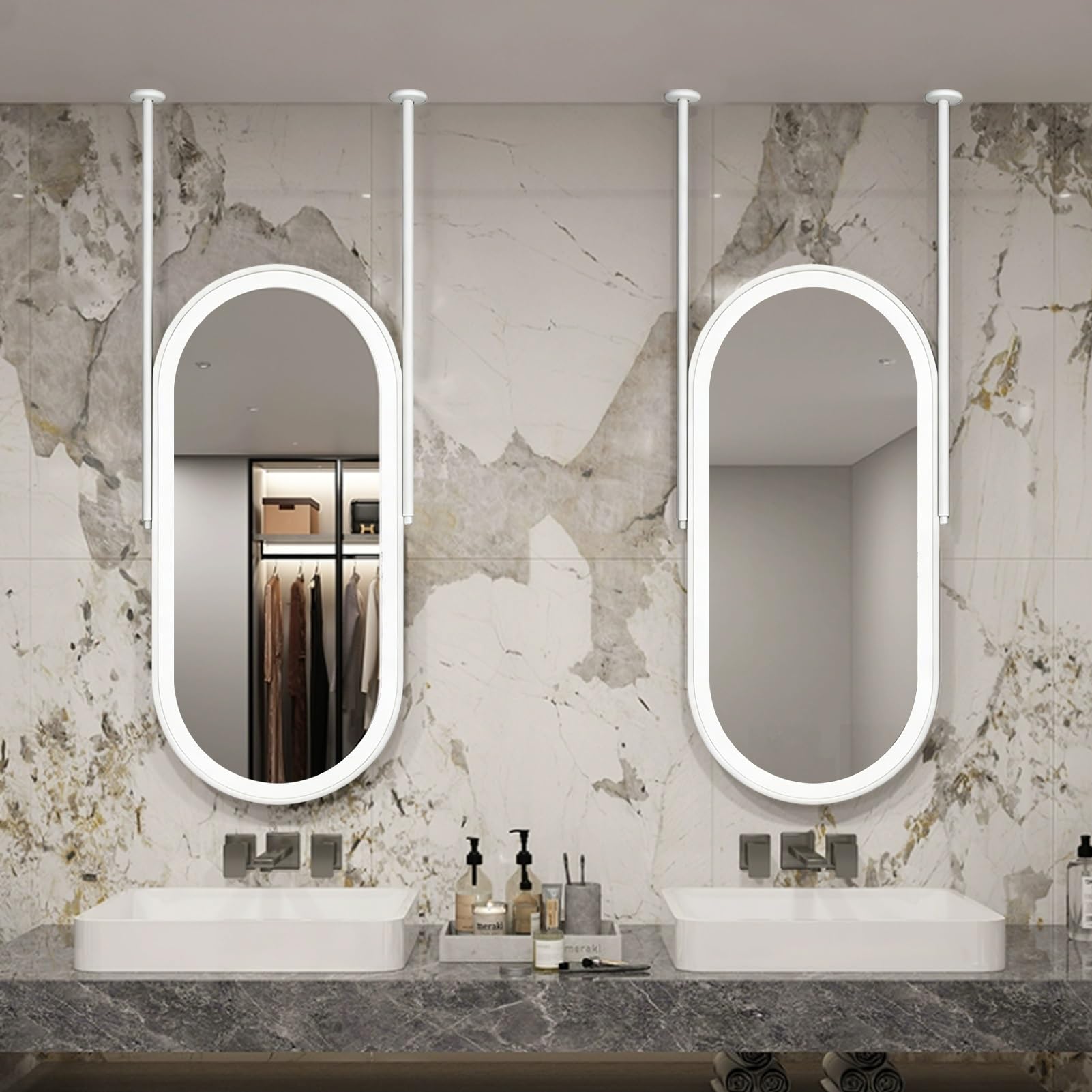FGXHHS Oval with LED Light，Ceiling Mounted Mirrors Illuminated Wall Vanity Mirror，White Metal Frame Decorative Glass 3-Color Dimmable(50cmx60cm)