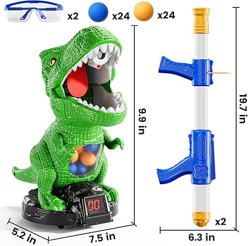 Miniatura 4 de Disparo de dinosaurios movibles para juguetes para niños de 4 a 6 años, juegos electrónicos para niños con 2 pistolas de bomba de aire, registro de