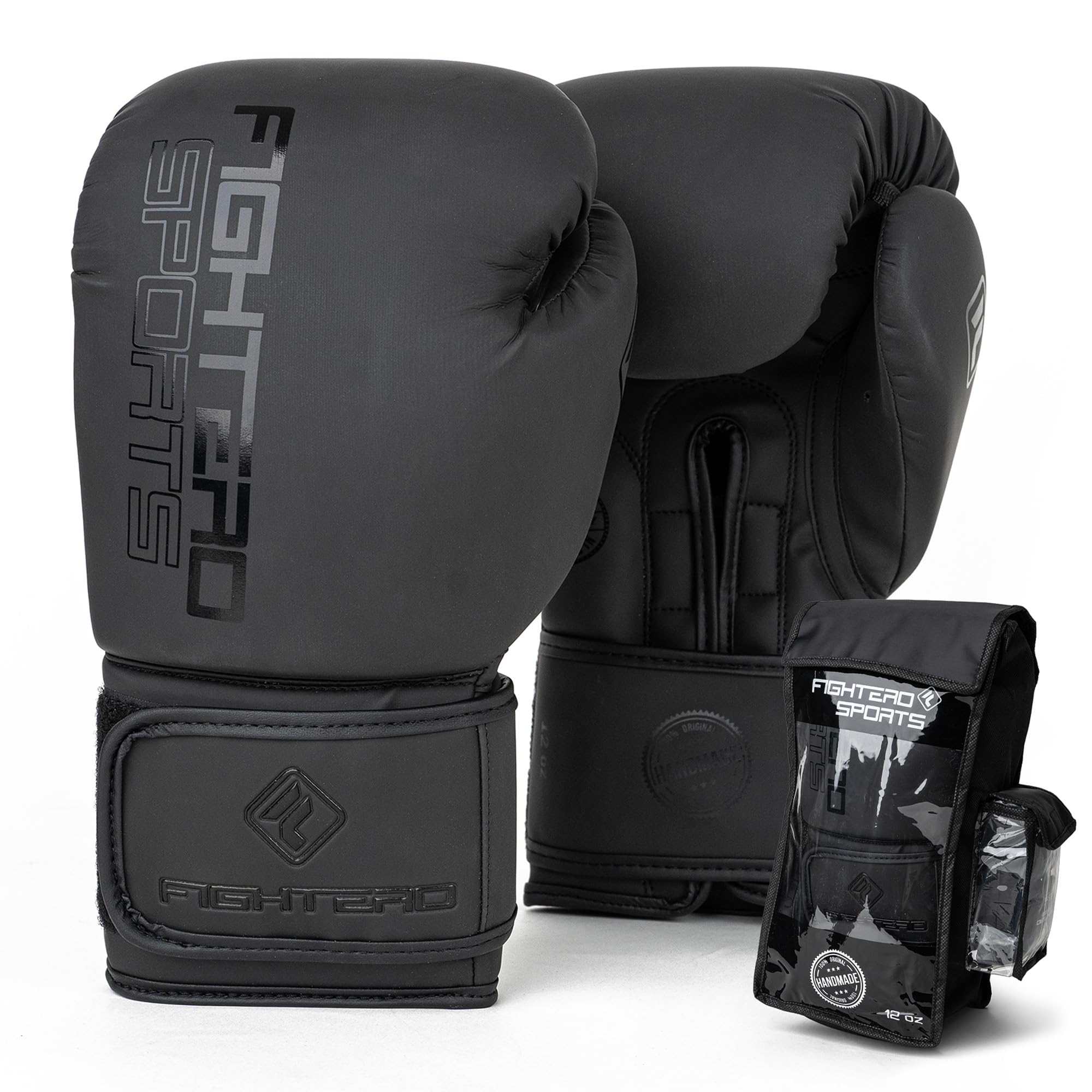 Boxhandschuhe FIGHTERO schwarz matt mit kostenlosen Bandagen und Tasche – Profi Boxhandschuh Set für Training, Kickboxen, Muay Thai & MMA – atmungsaktiv, ergonomisch & robust – 8 oz - 16 oz