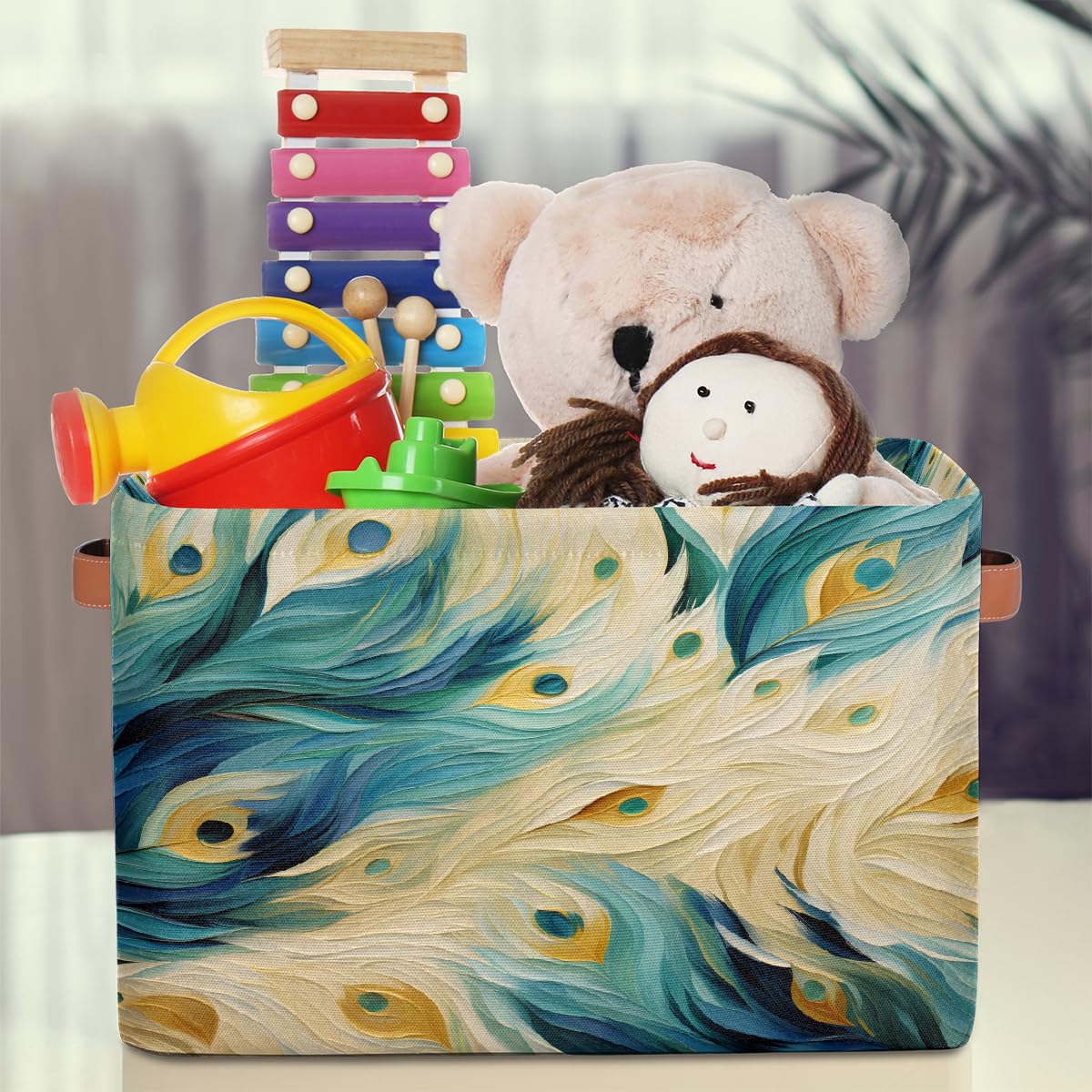 Mexpekil Cesta de almacenamiento de plumas azules de pavo real, caja de almacenamiento de juguetes para niños, plegable, organizador de tela para estantes, cesta de regalo grande con asas, 2 piezas