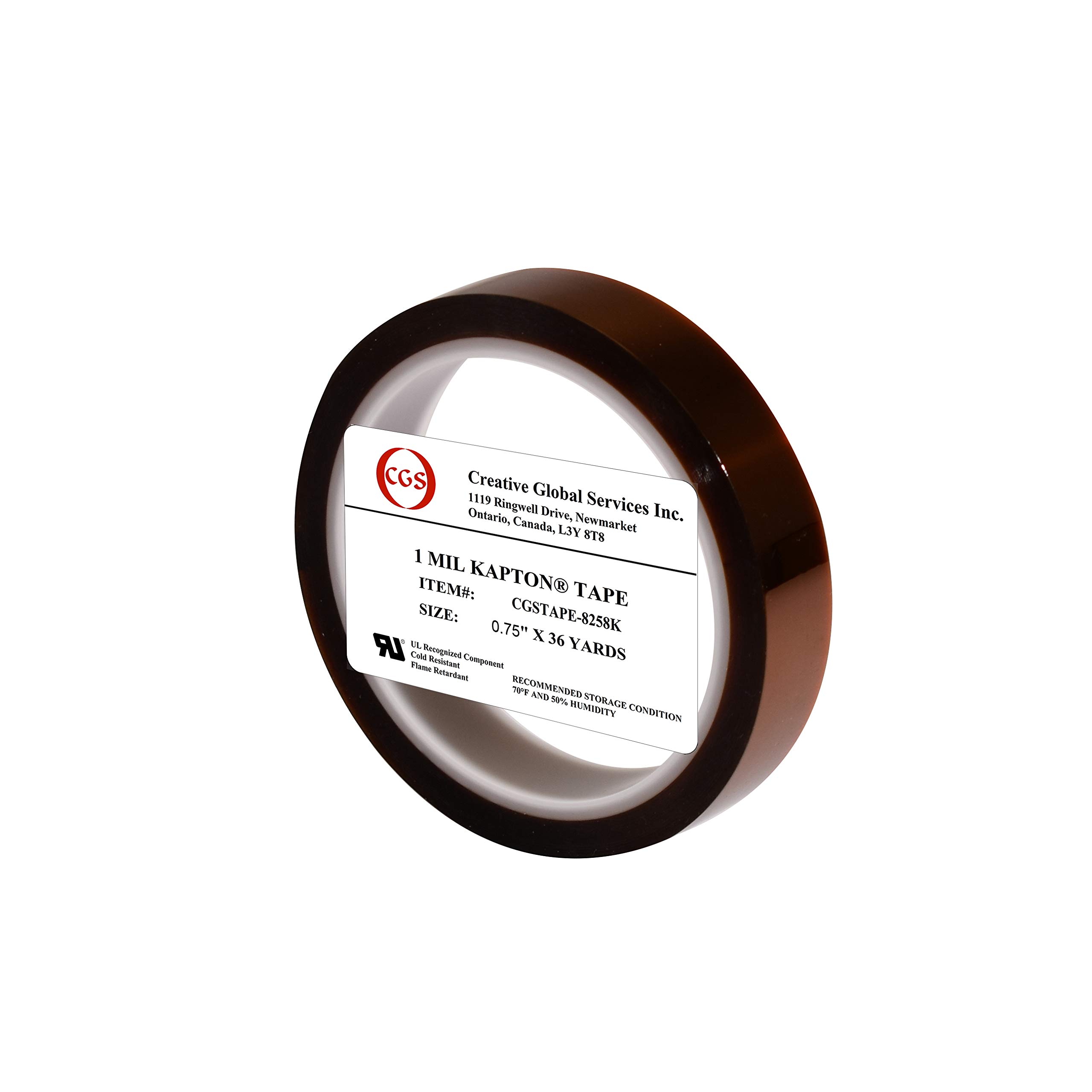 CGS, 1 Mil Dupont Kapton® Tape. High Temperature Heat Tape, UL 510 Flame Retardant, Clean Removal. 0.75" x 36 Yards