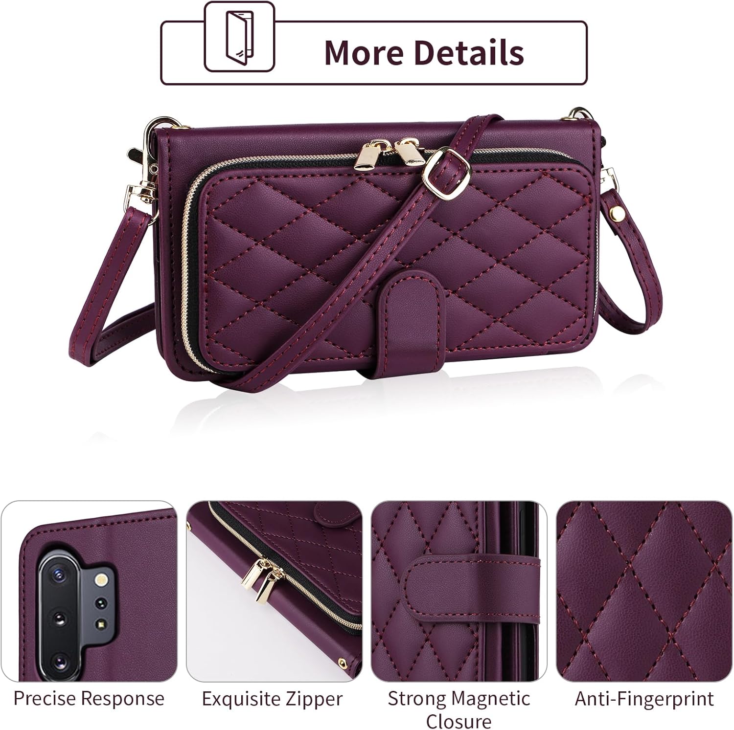 Wallet Case for Samsung Galaxy Note 10 Plus Note10+ 5G with Wrist Strap 9 Card Slots Zipper Purse Luxury PU Leather Stand Phone Cover for Note10 + Notes 10+ Ten Not S10 10Plus Women Deep Purple
