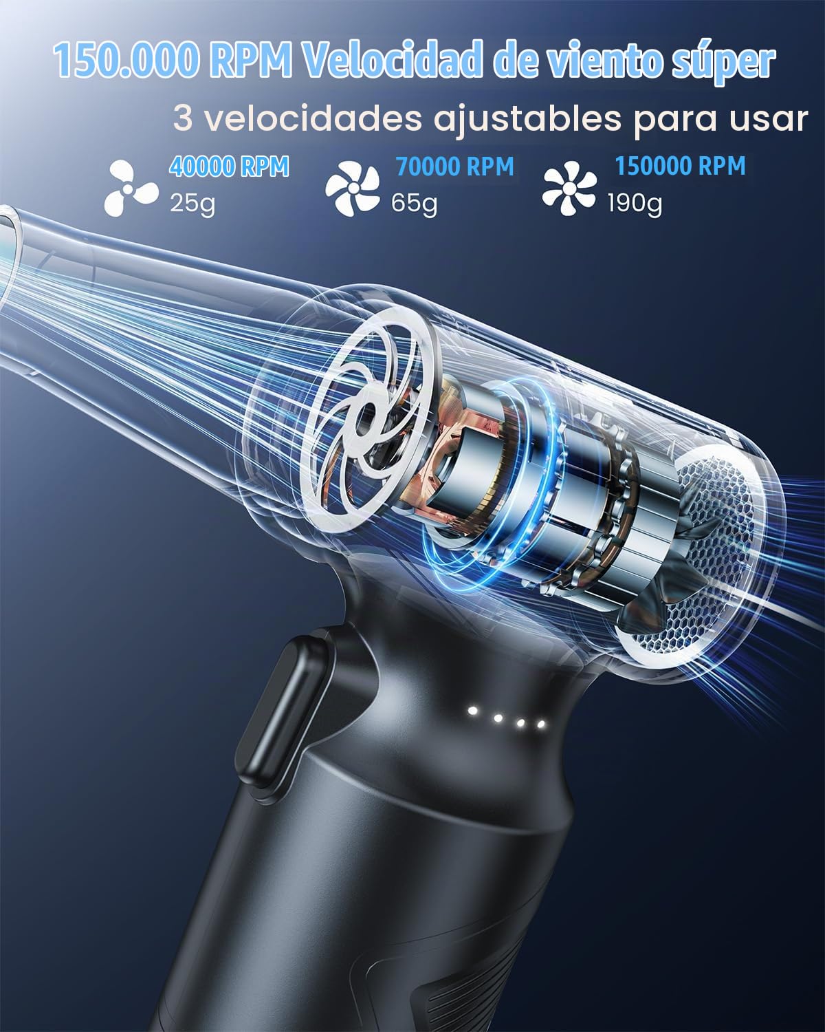 Famgoods Soplador de Aire Potente Eléctrico,150000 RPM Aire Comprimido Limpieza PC,6000mAh Soplador Bateria con Luz Led,3 Velocidades Mini Soplador Aire,Carga Rápida,Soplador de Polvo Para PC,Teclado