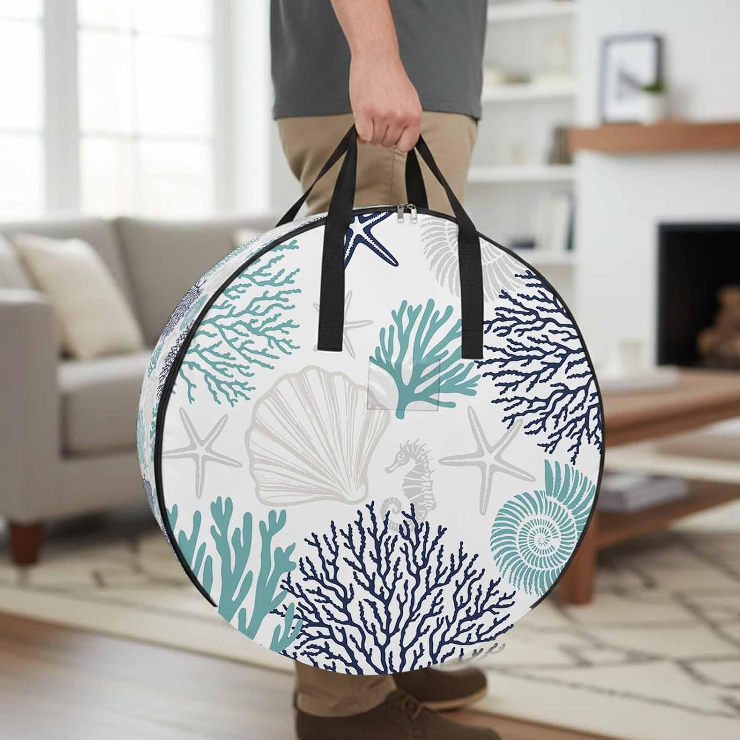 Coral Shell Round Storage Bag 36 Inch, Starfish Ocean Teal Blue Summer Beach Clothes Storage Container with Handles Heavy Duty Organizer for Comforter, Bedding & Holiday Wreaths