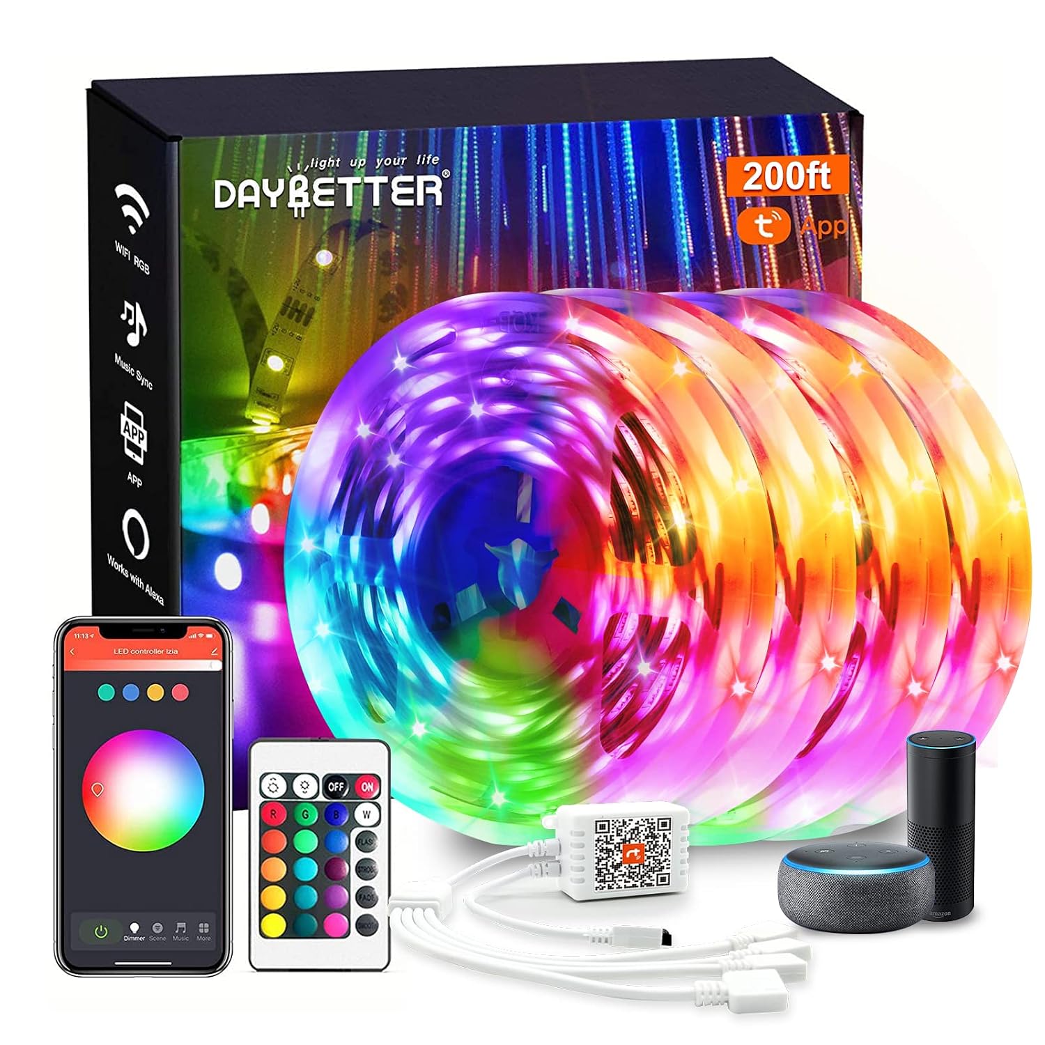 DAYBETTER Tuya Smart WiFi LED Lights for Bedroom, 200 m, App Controlled LED Strip Light, Compatible with Alexa and Google ...