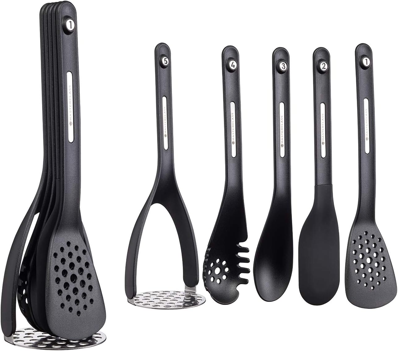 MasterClass Smart Space Nesting Magnetic Plastic / Silicone Kitchen Utensil Set, 9 x 9 x 3 cm (3.5" x 3.5" x 12") - Black (5 Pieces)