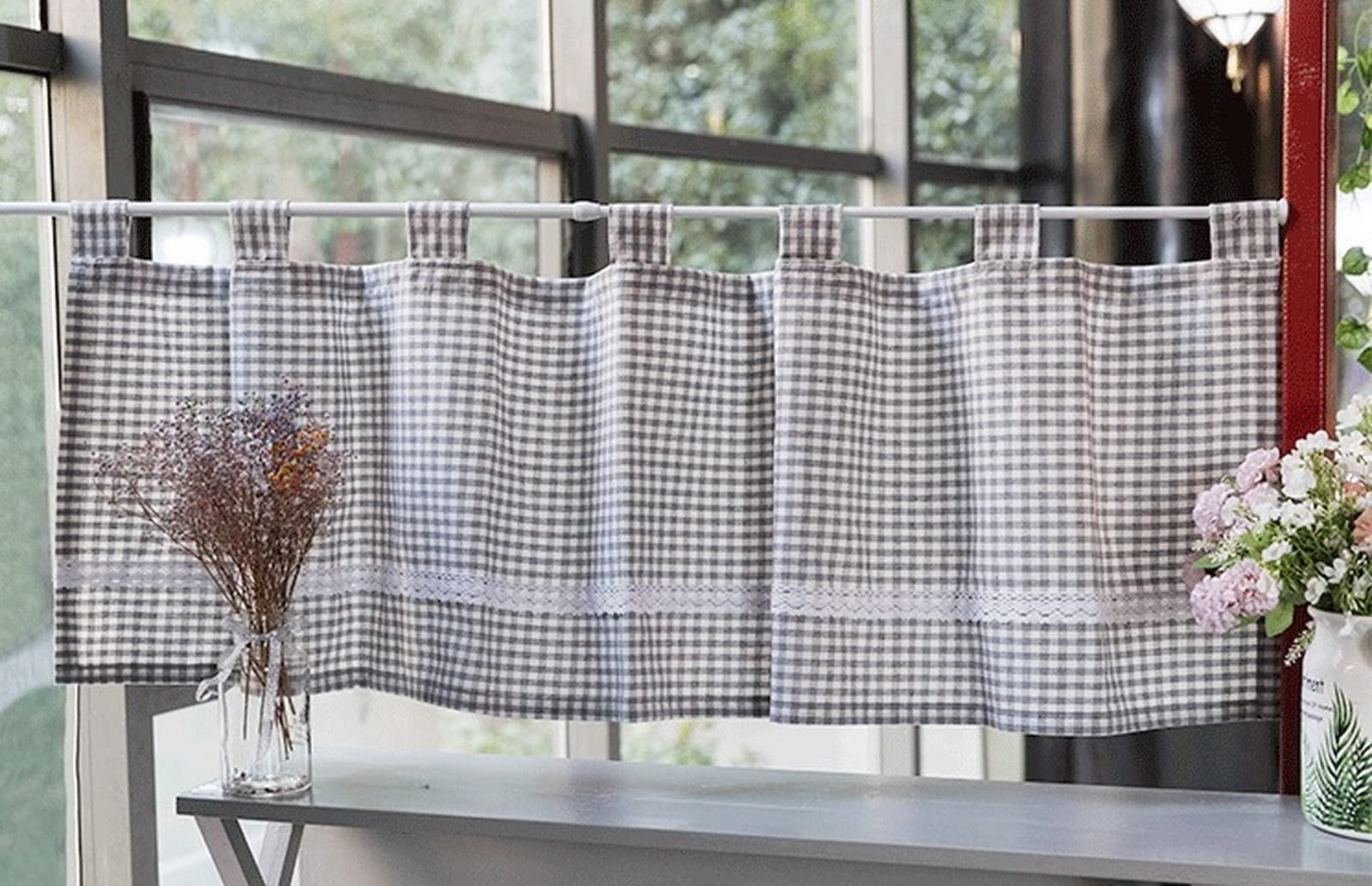 A.Monamour Gardine Scheibengardinen Kurzstores Tab-Top Grau Kariert Baumwolle Leinen Blickdicht Mit Spitze Kurzvorhang Kurzgardinen Küchengardine Küche Vorhang Fenster Kurz Stores Bistrogardine