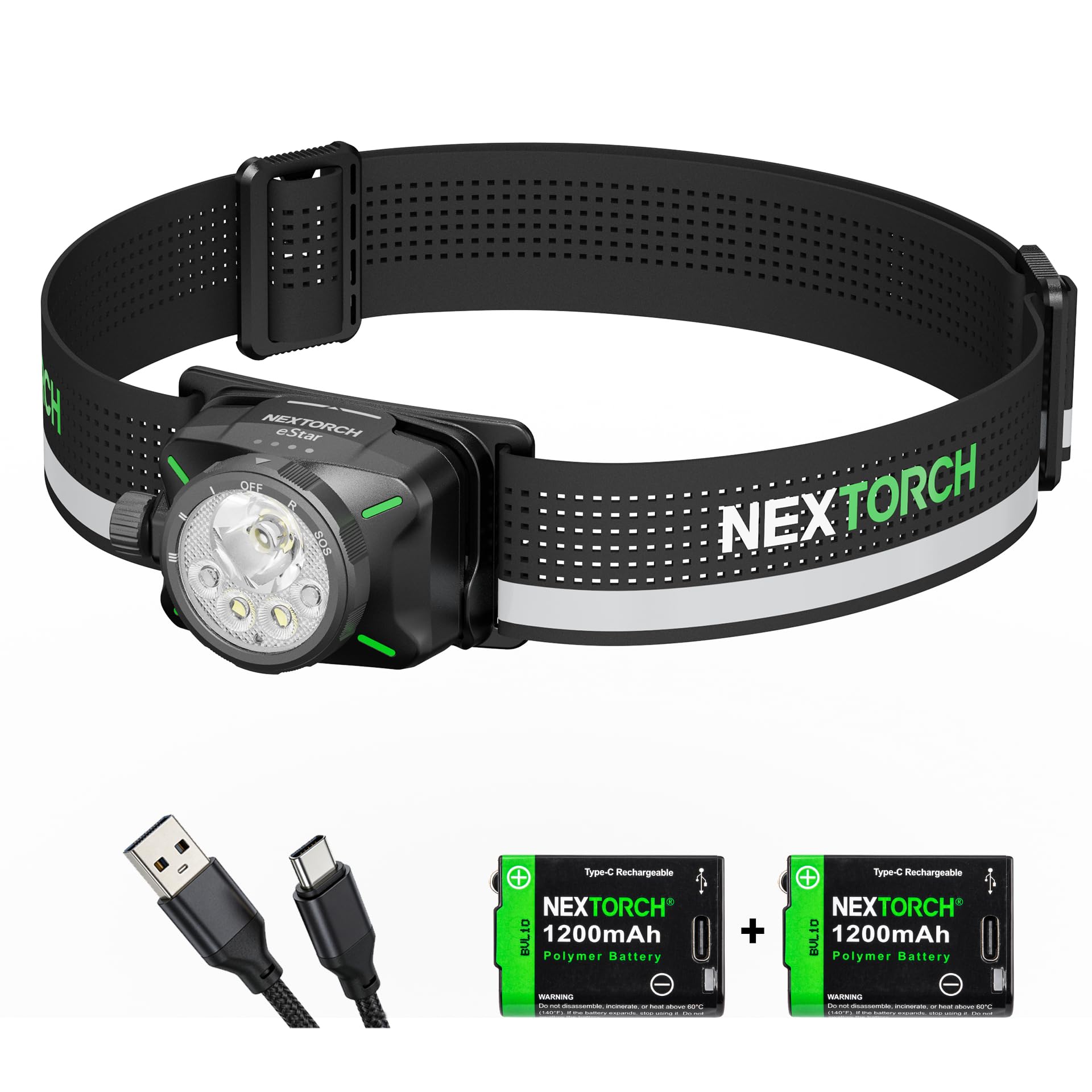 NEXTORCH Linterna frontal recargable Estar, linterna frontal potente de 1 200 lúmenes con luces rojas, haz ajustable (focalizado o amplio), linterna frontal ligera (Negro 1300lm)