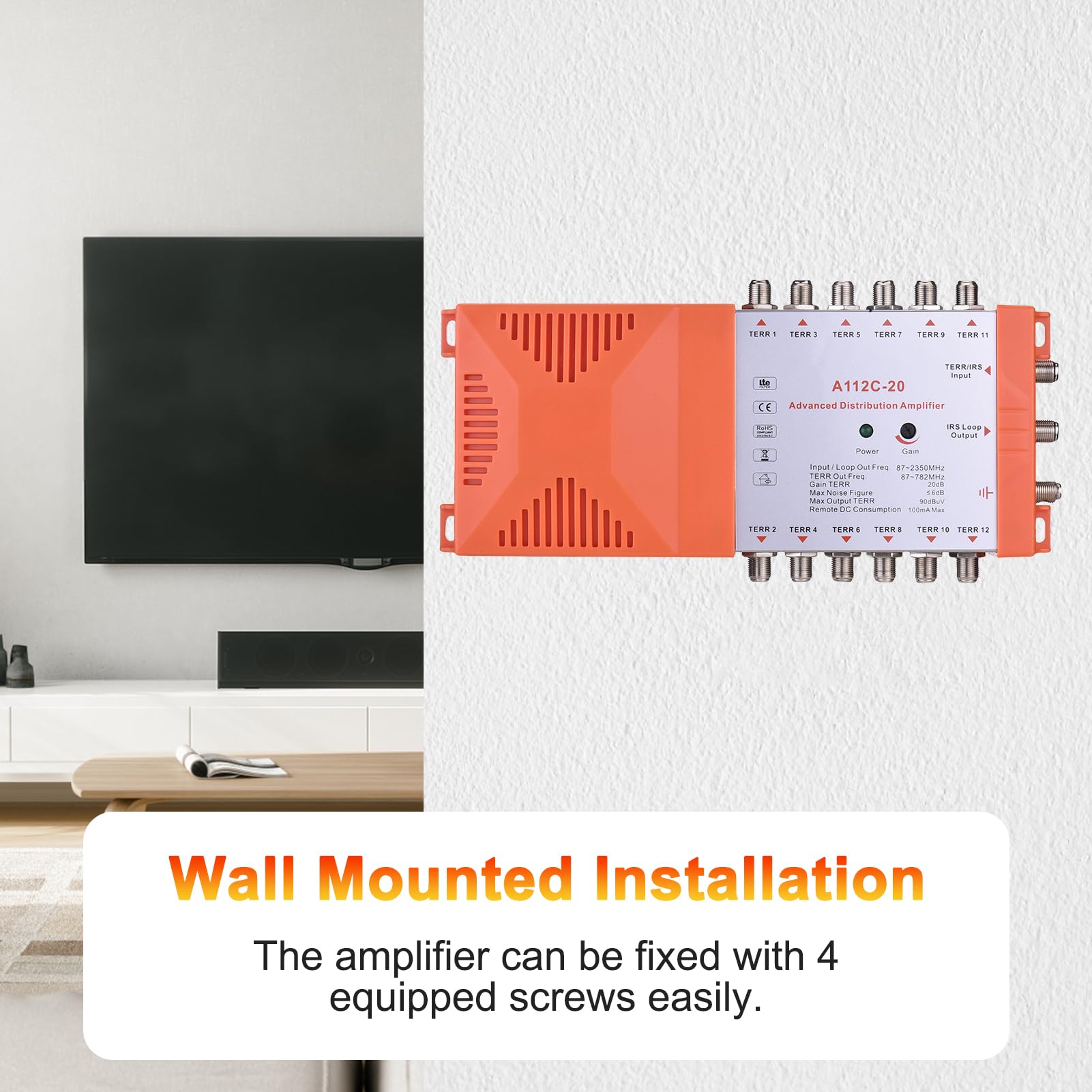 Walmeck Amplificatore di Distribuzione Compatibile IRS, Amplificatore a 12 Guadagna 20 Db per Segnali TV e Radio Deboli, a Basso Rumore, Filtro 4G, Montato a Parete, Loop-Through IRS (Plug 230V)