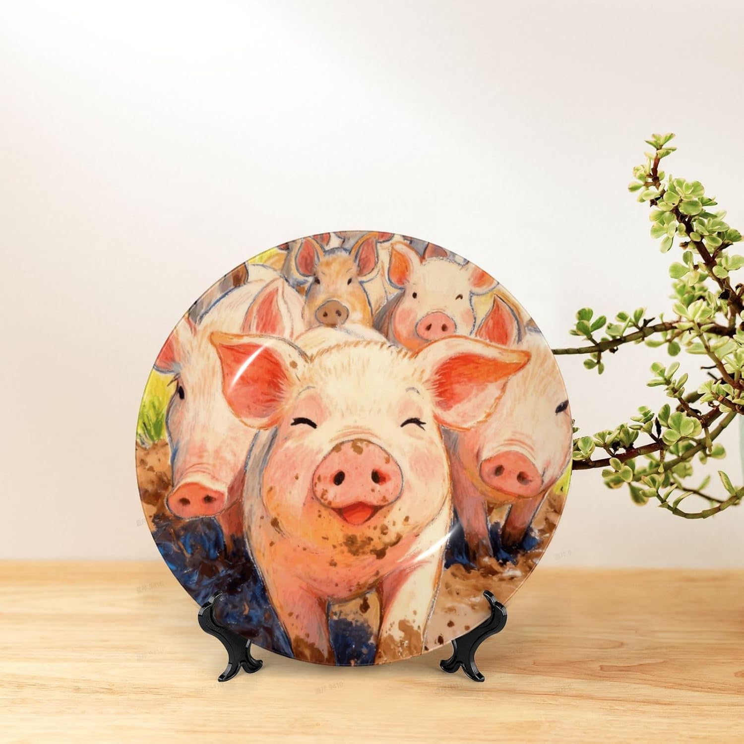 Cute Pig Farm Style Ceramic Plate Display Decorative Plate With Stand Wall Hanging Plate For Home Decor 10 Inch