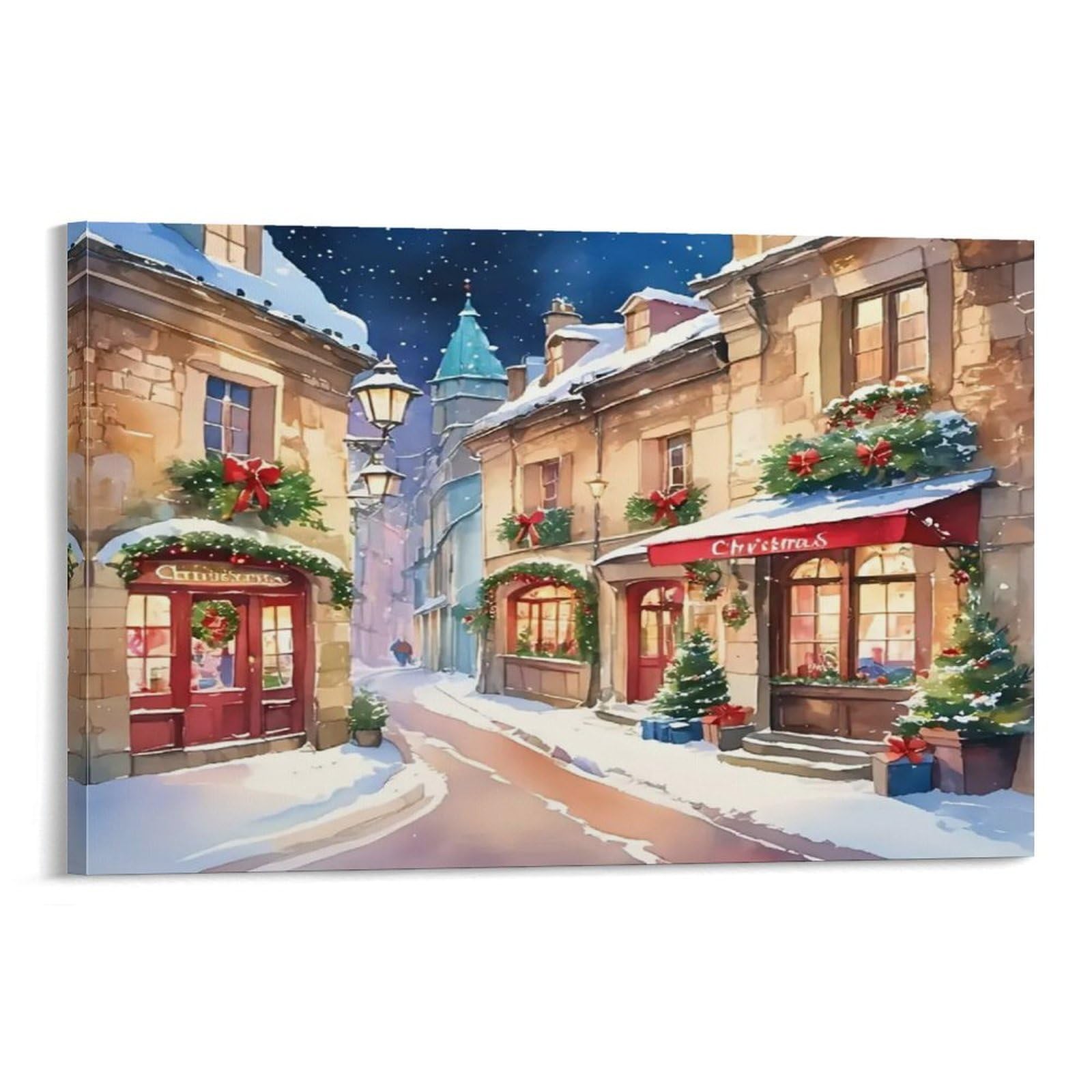 CPLVKWRQJ Snowy Christmas Street Scene Single Festive Old Town Snowy Christmas Street Canvas Print - Living Room Gallery Wall Statement Piece Fade Resistant Ready to Hang 20x30inch(50x75cm)