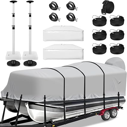 Boat Cover Support Bars Set of 2, Aluminium Telescopic Boat Cover Support System with Webbing and Weight Bag for 21-24ft Pontoon Boat Cover Gray