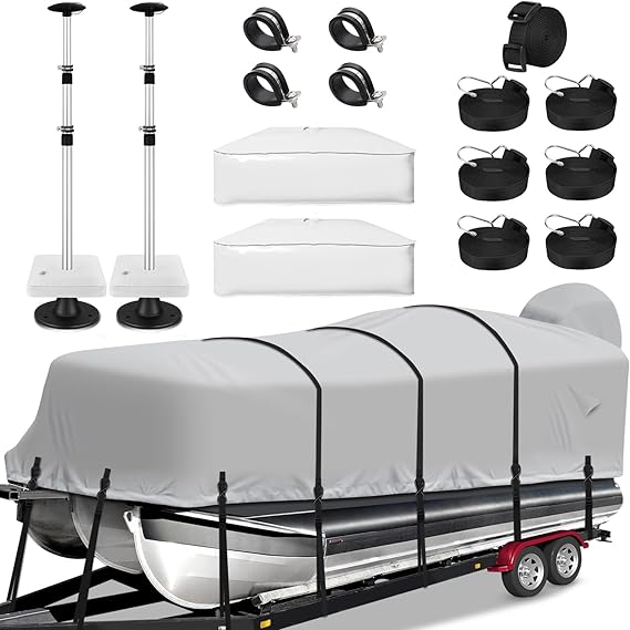Boat Cover Support Bars Set of 2, Aluminium Telescopic Boat Cover Support System with Webbing and Weight Bag for 21-24ft Pontoon Boat Cover Gray