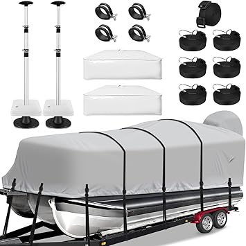 Boat Cover Support Bars Set of 2, Aluminium Telescopic Boat Cover Support System with Webbing and Weight Bag for 21-24ft Pontoon Boat Cover Gray