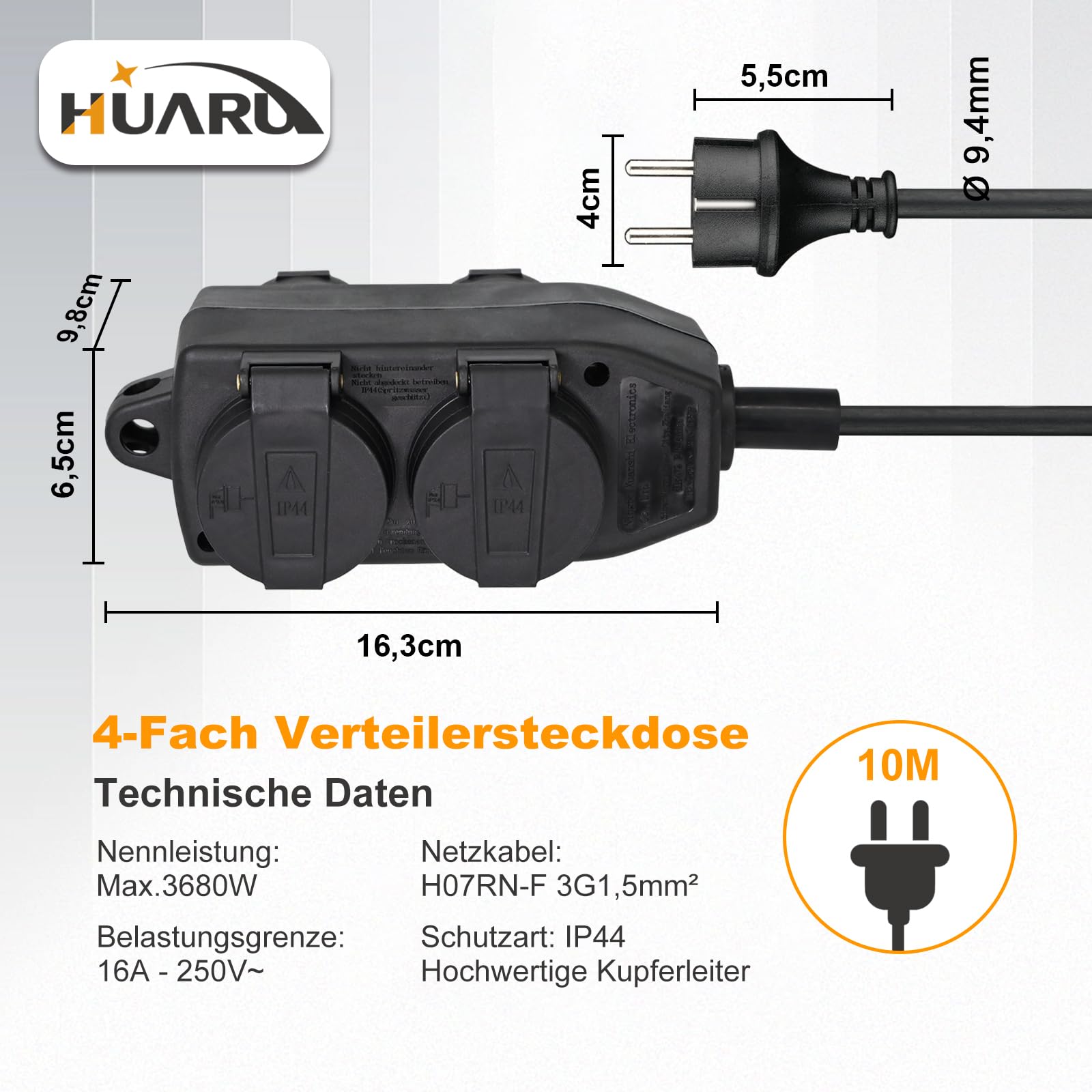 4-Fach Verteilersteckdose für Außenbereich, Outdoor Stromverteiler - 4 Schutzkontakt-Steckdosen mit Klappdeckel, Steckdosenverteiler IP44, Außensteckdose -10m Gummi Verlängerungskabel - Öse zum Hängen