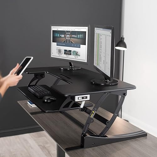 Miniatura 9 de VIVO Convertidor de escritorio de pie ajustable de altura del motor eléctrico de 42 pulgadas elevador de monitor doble de mesa sentado a pie con