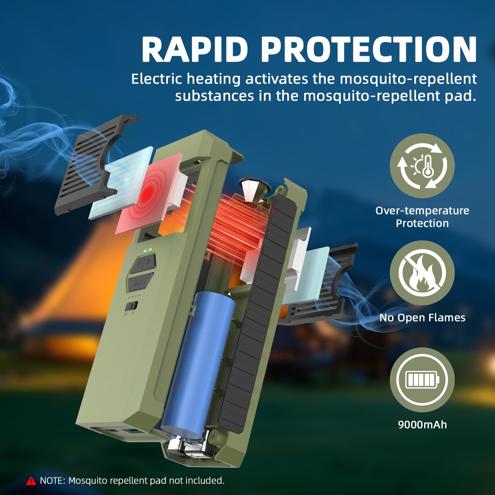 Dispositivo repelente de mosquitos recargable de 9000 mAh, repelente de mosquitos portátil para exteriores con cobertura de 360° para 96 pies cuadrados, calefacción de doble zona y luz LED