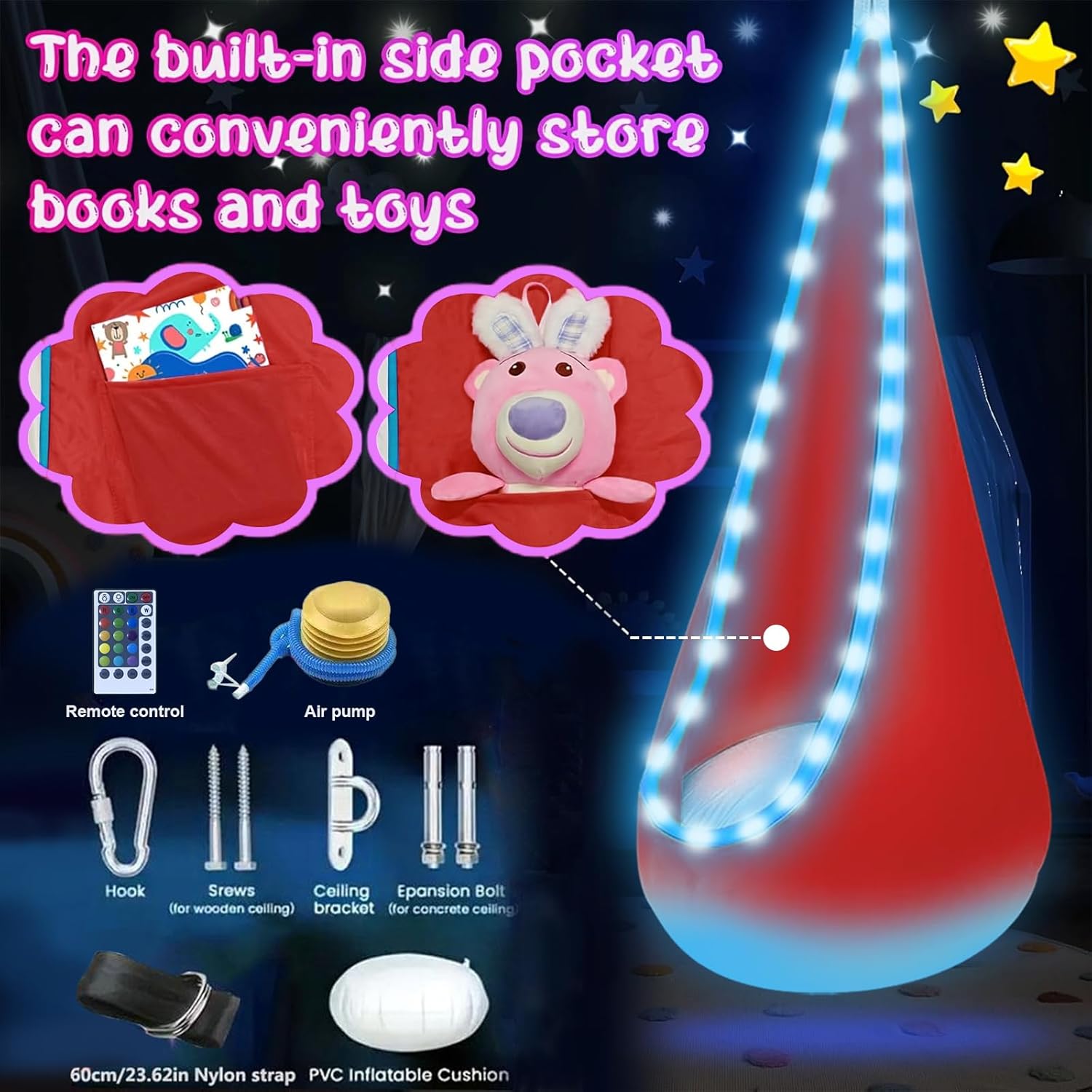 Light Up Swing Chair Hammock Chair Indoor Outdoor for Kids Pod with LED Lights, Soft and Safe, 176 lb. Load Capacity, Easy Installation, Perfect for Bedroom, Garden, and Playroom (Red)