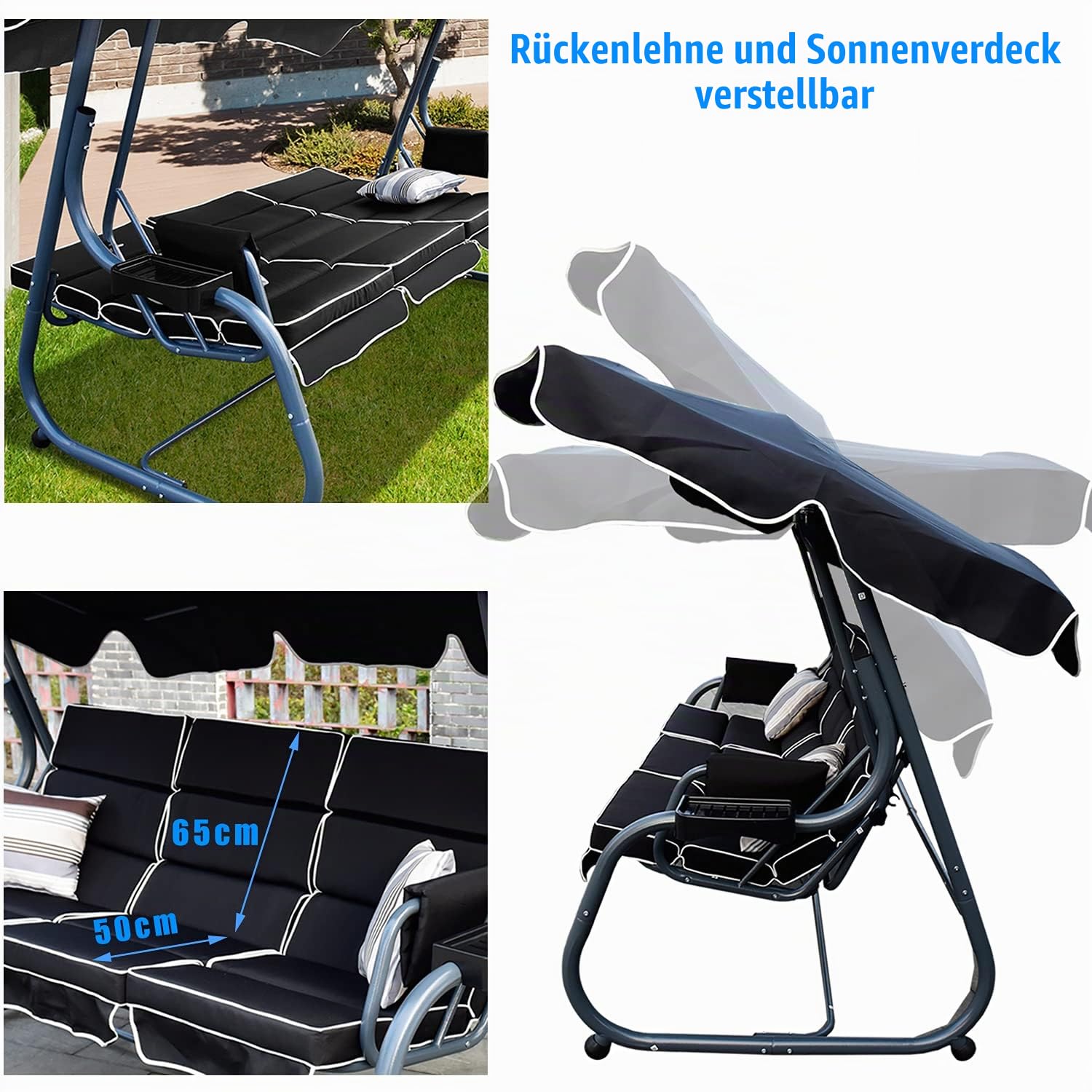 RANSENER Luxus 3-Sitzer Hollywoodschaukel mit Liegefunktion und Verstellbarem Sonnendach - Premium Gartenschaukel für Garten und Terrasse