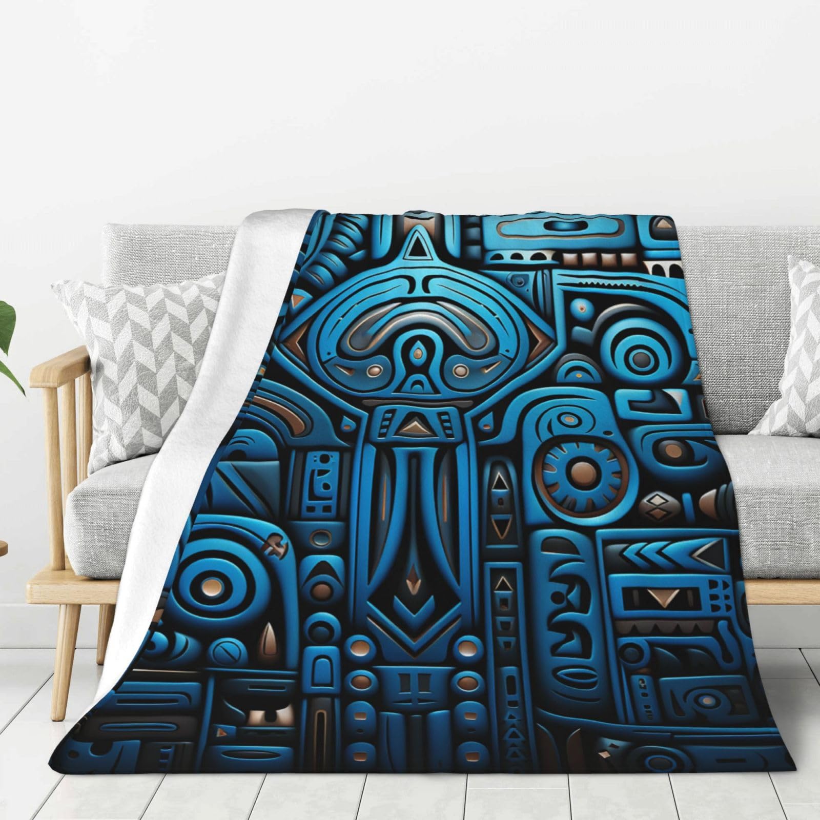 Couverture en flanelle de peluche douce bleu et noir, finition haut de gamme