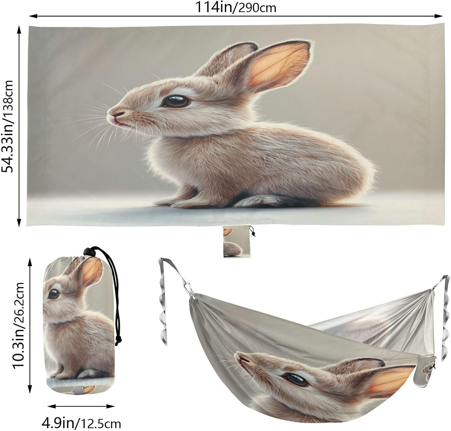 ALAZA Cute Rabbit Gray Bunny Camping Hammocks Single or 2 Person 500 lbs Portable Parachute Travel Hammock w/Tree Straps for Hiking Backpacking Indoor Outdoor