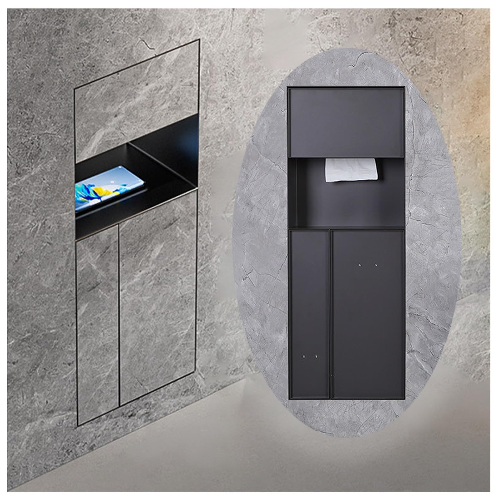Soporte de papel higiénico empotrado con estante, cubo de basura integrado, organizador de baño, armario de almacenamiento oculto