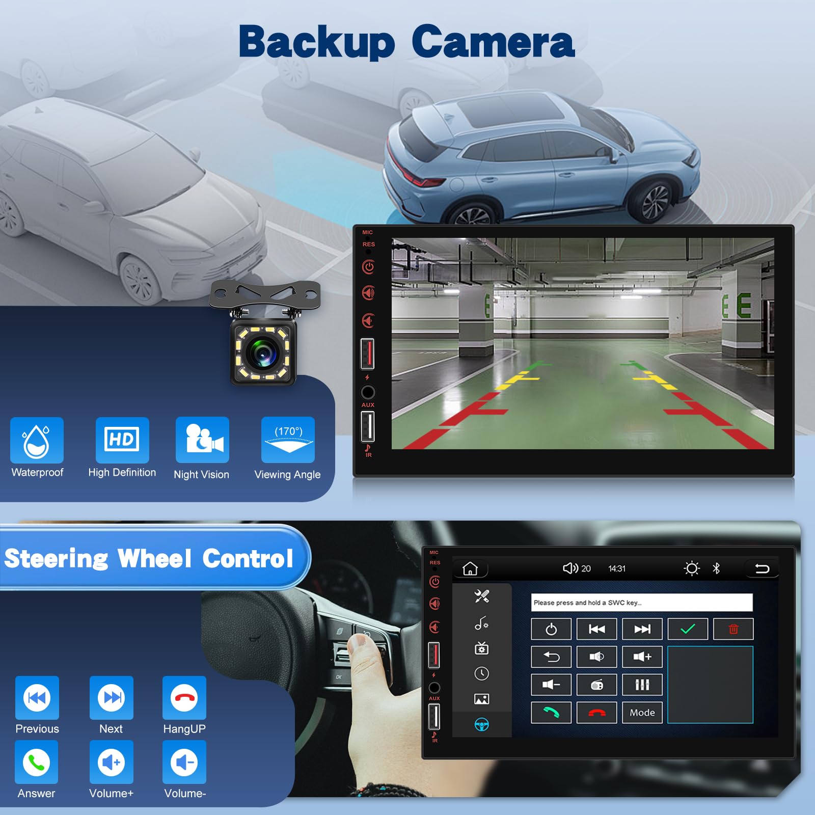 NHOPEEW Radio de Coche 2 DIN Compatible con Carplay inalámbrico y Android Auto - Radio de Pantalla táctil de 7 Pulgadas Compatible con Mirror Link Steer Wheel Control FM EQ + Cámara de Seguridad