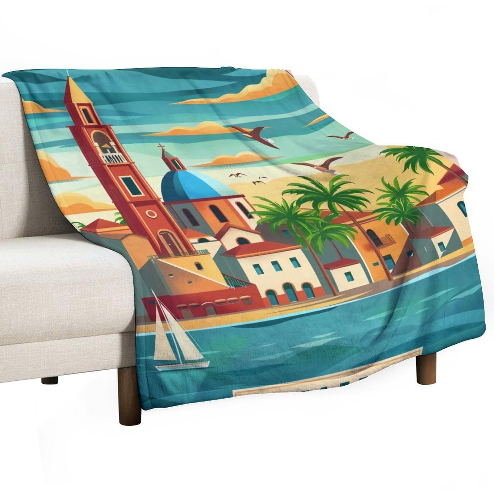 YHGSREUOH Mediterranean Sardinia Sunset Church Bell Tower 03 Flannel Blankets Fleece Soft Throw Lightweight Plush Gifts for Couch, Bed, Cozy Sofa Plush, Chair, Lovers 130x150cm(50x60in)