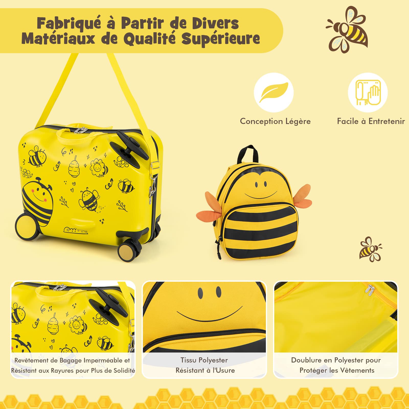 DREAMADE Valise Roulette Enfant 18" et Sac à Dos 12" avec Bandoulière Réglable Bagage Cabine Enfant 3+Ans avec Roues Pivotante 360° Bagage à Main Fille et Garçon Charge 50KG+8KG (Abeille)