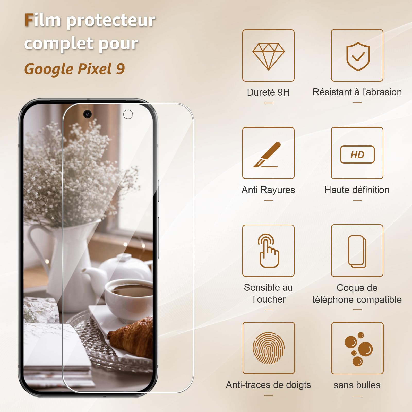 Cable Leader Verre Trempé pour Google Pixel 9 5G, pas de bulles protection écran, Dureté 9H, Couverture 2.5D, Anti-huile, Sensible au Toucher, 0.33mm Transparent HD Pixel 9 vitre protection-2 pièces