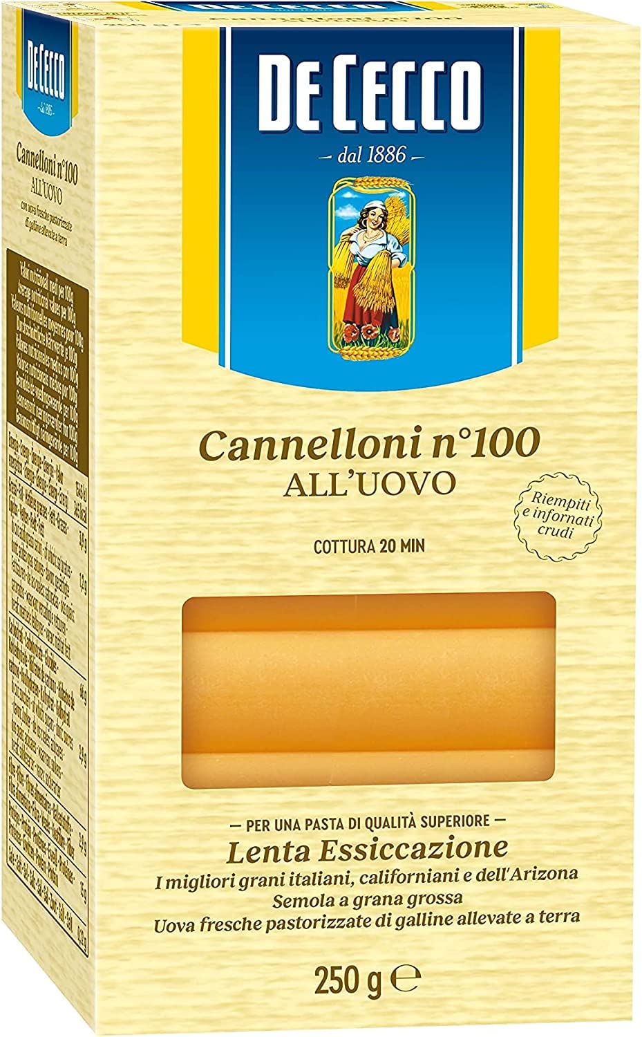 20 x De Cecco Pasta Canelones n. 100 Uovo Pasta de huevo 250 g