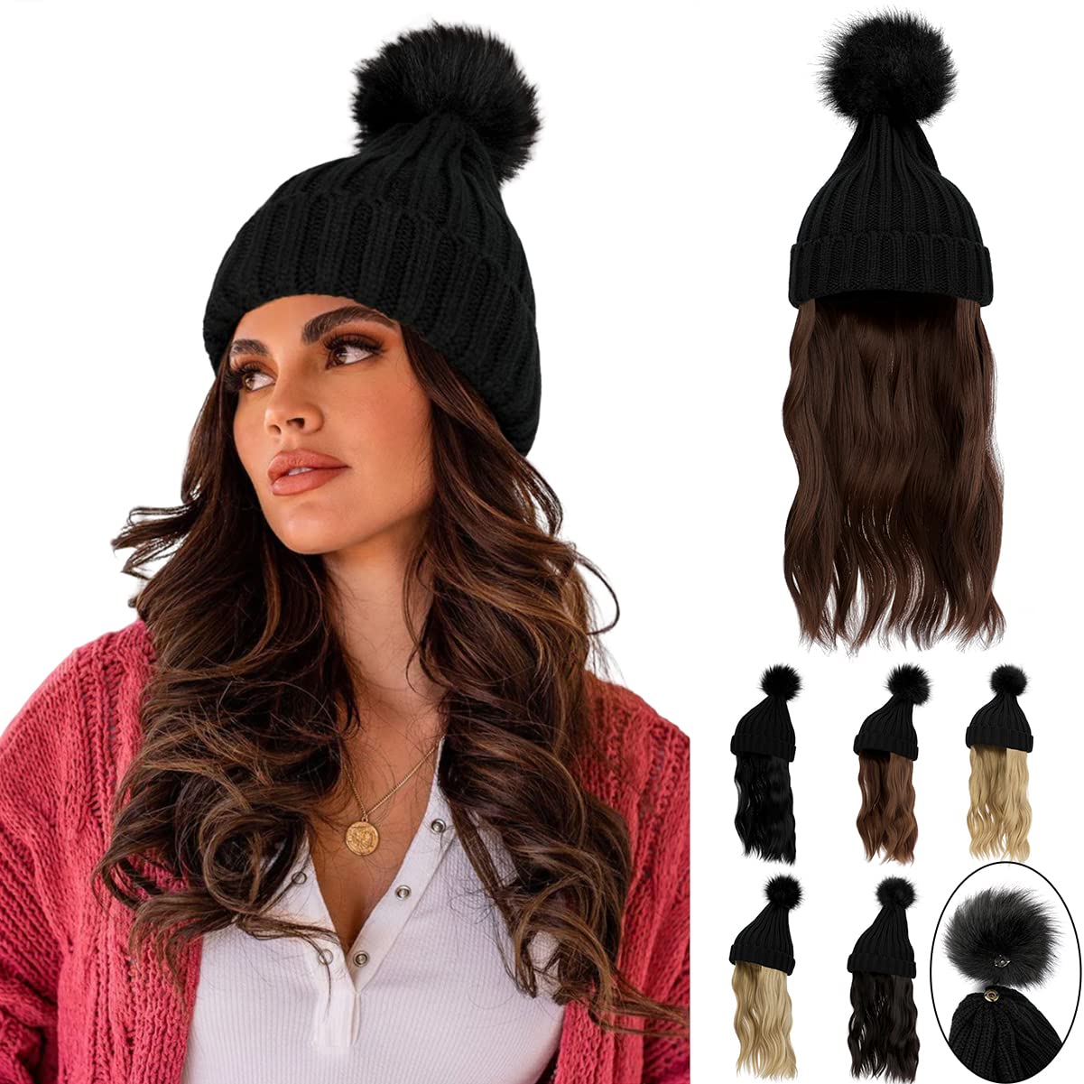 Lansigreen Hat Wig Beanie Hat with Hair Long Wavy Hair Extensions Knit Rib Pom Hat