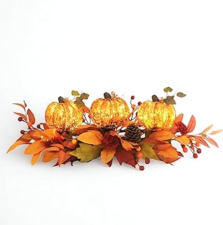 LED Lighted Pumpkin Fall Centerpiece with Maple Leaves, Berries & Pineco...