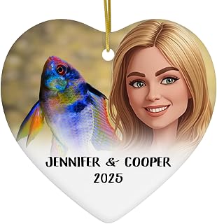 Custom Photo Pet & Owner Portrait Personalized German Blue Ram Cichlid Christmas Ornament Heart Ceramic - Holiday Keepsake Memorial Gifts for Ram Fish Lovers