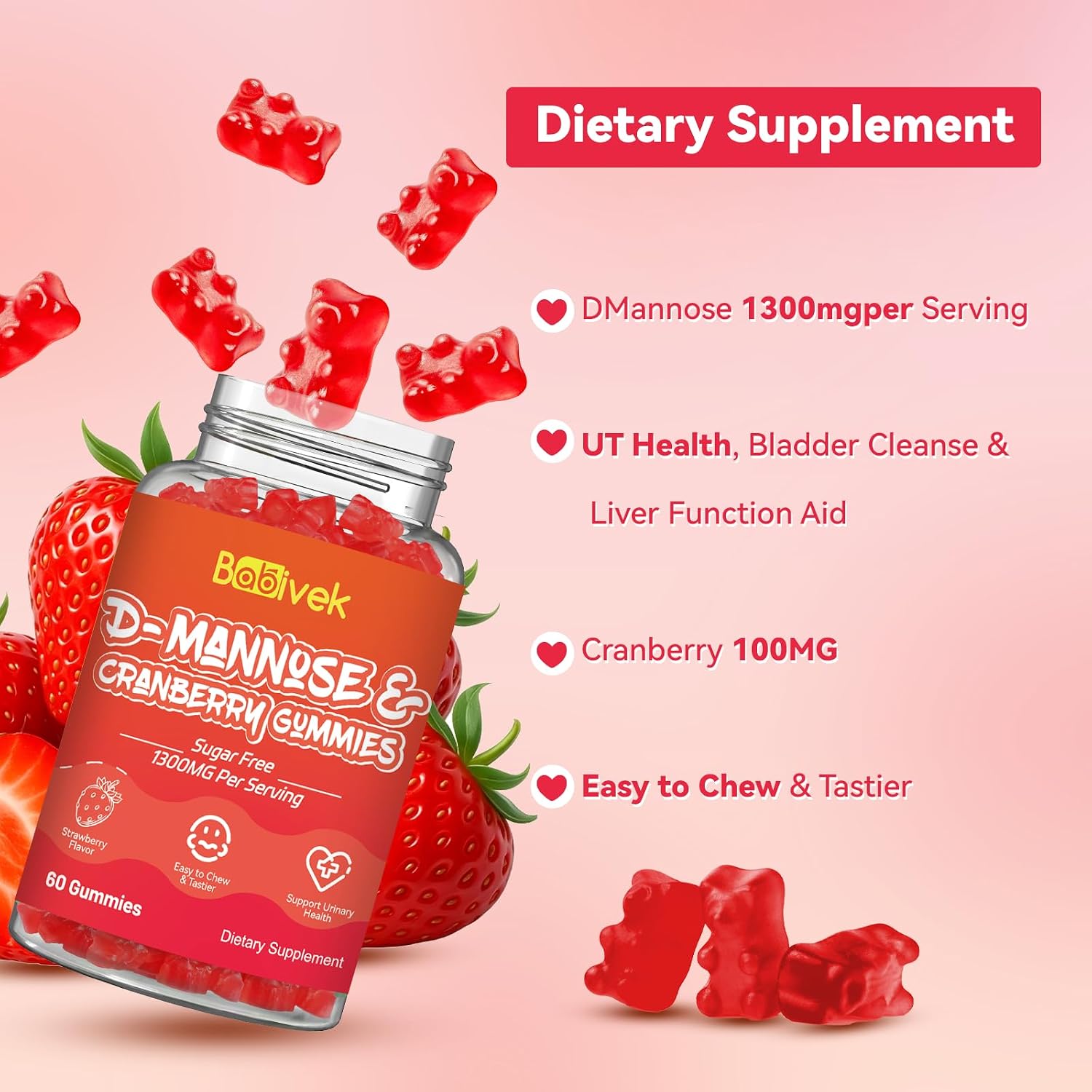D-Mannose Gummies 1300mg per Serving with Cranberry, Sugar-Free, Vegan, Non-GMO, Gluten-Free, Supports Bladder & Urinary Tract Health, Immune Support, 60 Count, Pack of 2