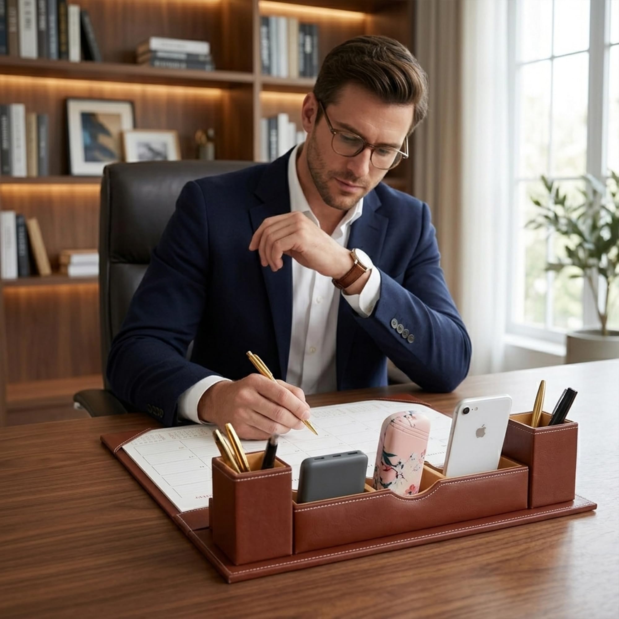 panku® Desk calendar July 2026 to December 2027 Faux Leather Brown Paper/Memo/Phone/Card Holder Desk Table Organizer Office Supply Stationery with Planner Pack of 1 3