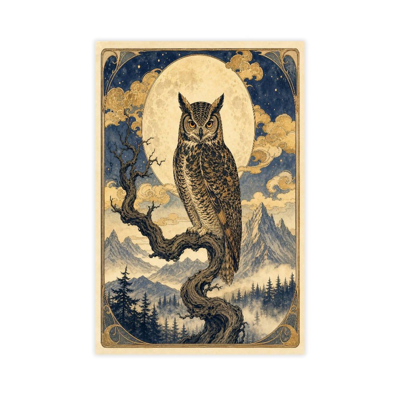 W7c8u2x3 Unframe-Style-20 Moon Owl In Forest Canvas Wall Art, Vintage Celestial Dorm Room