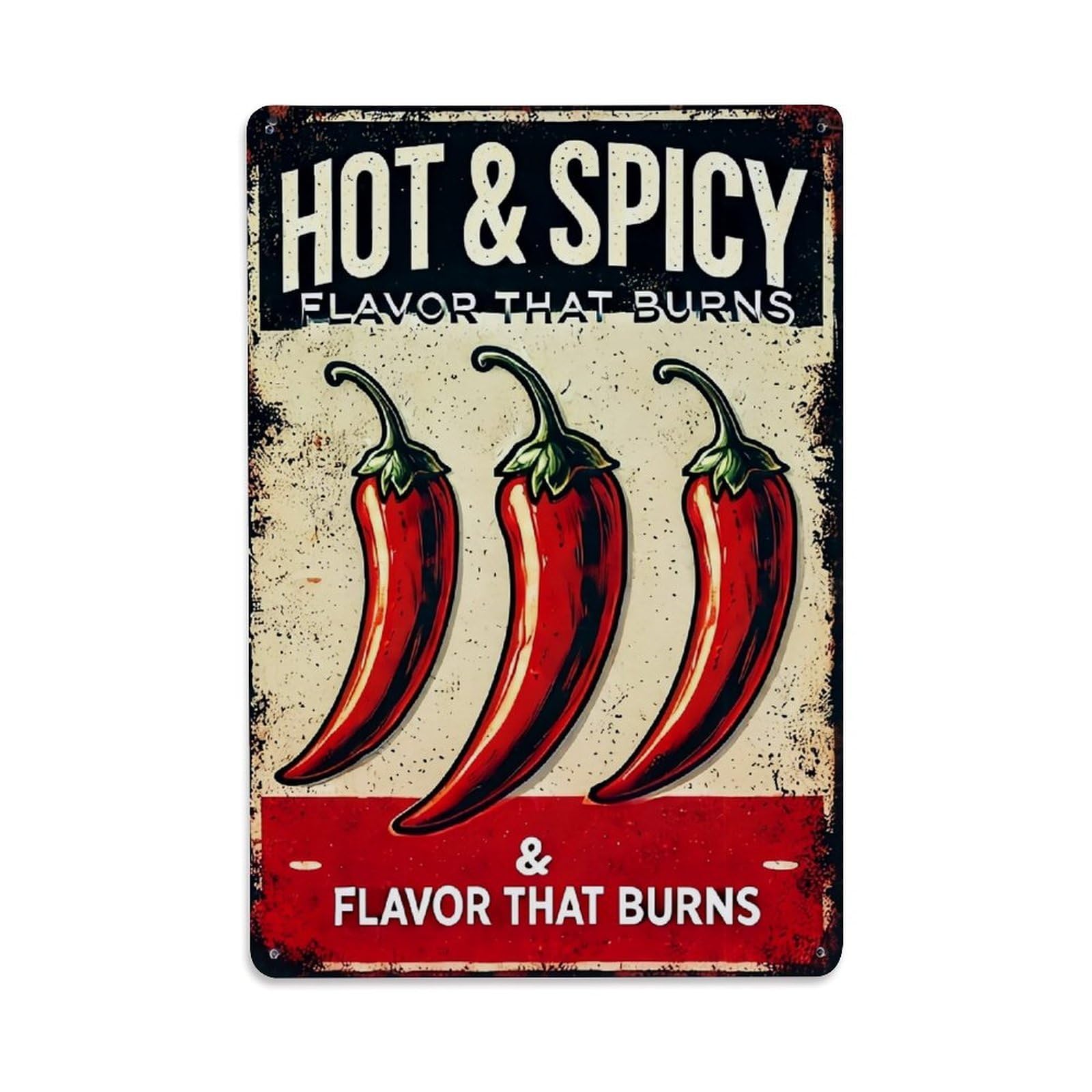 Hot Spicy Chili Pepper Pattern Retro Metal Tin Sign, Vintage Decor Art Poster for Bar, Home, Man Cave, Kitchen, Laundry Room Gift 8x12Inch