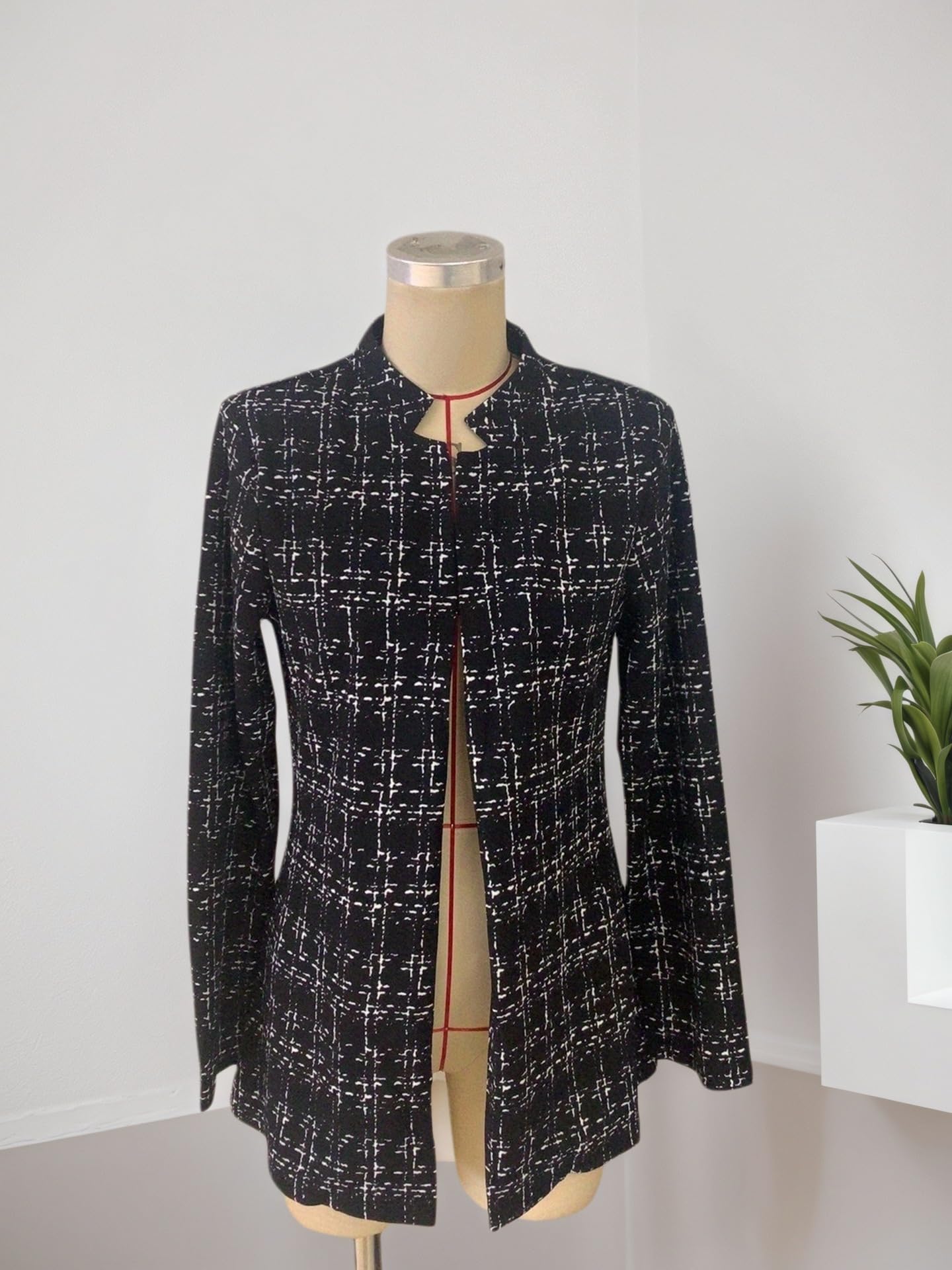 Damen Blazer Damen Tweed Blazer mit Karomuster Offener Stehkragen Eleganter Schmal Geschnittener in Mittlerer Länge für Büro und Freizeit Herbst/Winter