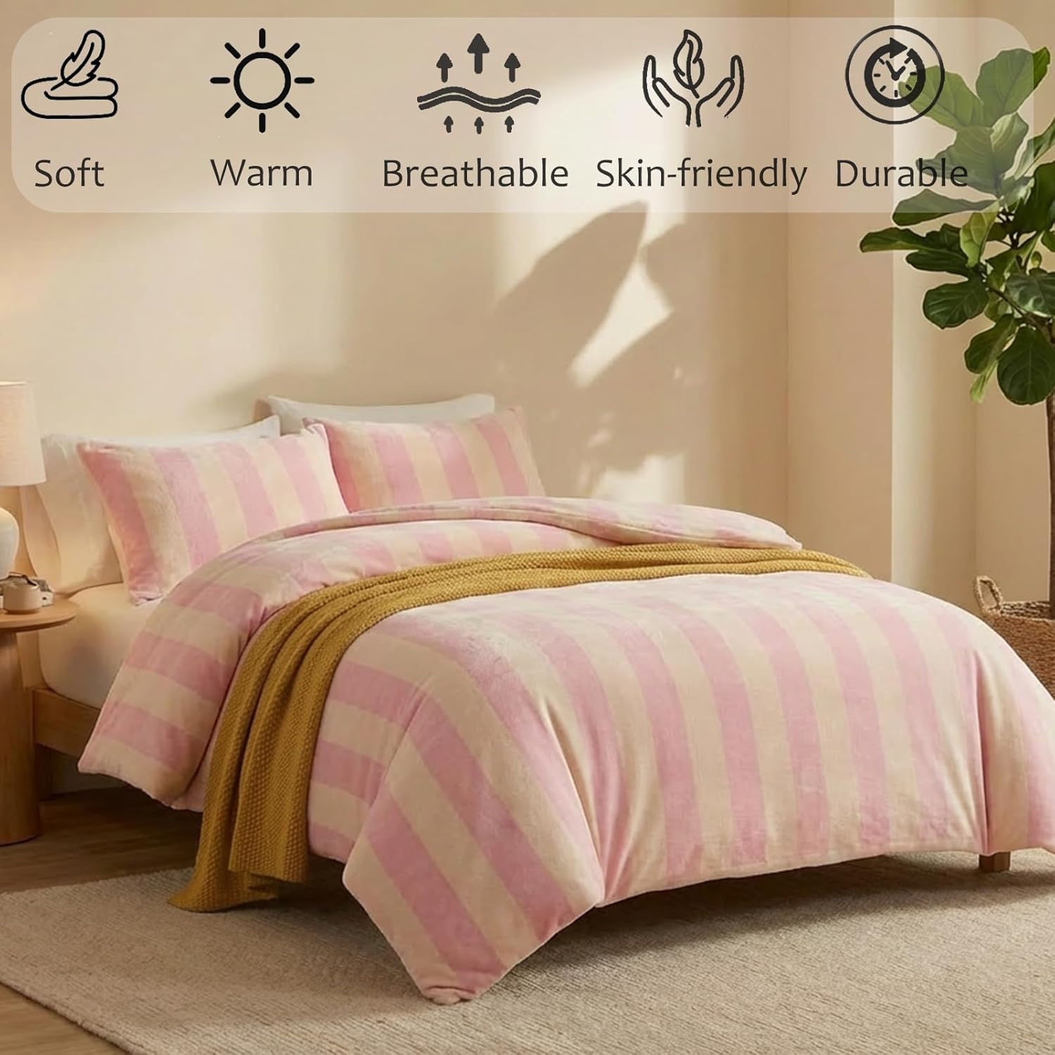 Bedbay Pink Striped Comforter Set Queen Luxury Velvet Comforter Set Cozy Reversible Fleece Soft & Warm Fluffy Flannel Bedding Set Blush Yellow Stripes Pattern Queen Bed Set 3 Pcs with Pillowcases