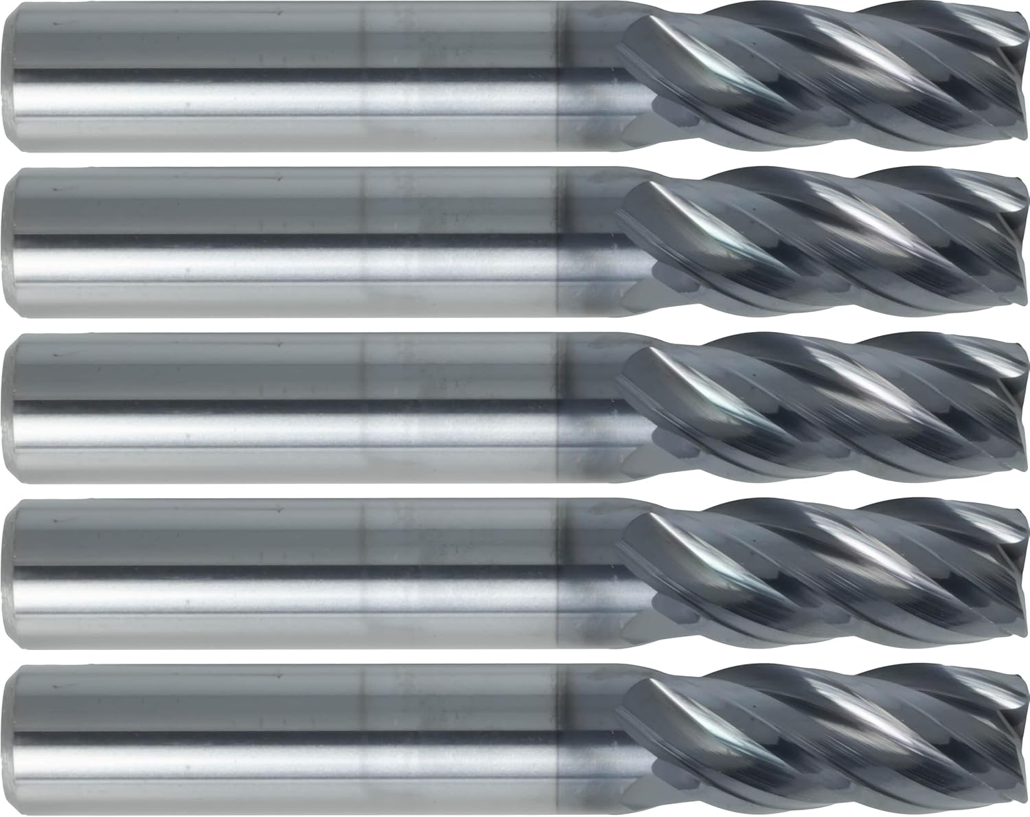 5 pcs Solid Carbide End Mills, Variable Helix Design, Square Nose, AlCrN Coated, 3/8 Mill Diameter, 7/8 Length of Cut, 2 1/2 Overall Length, 4 Flute, Center Cutting
